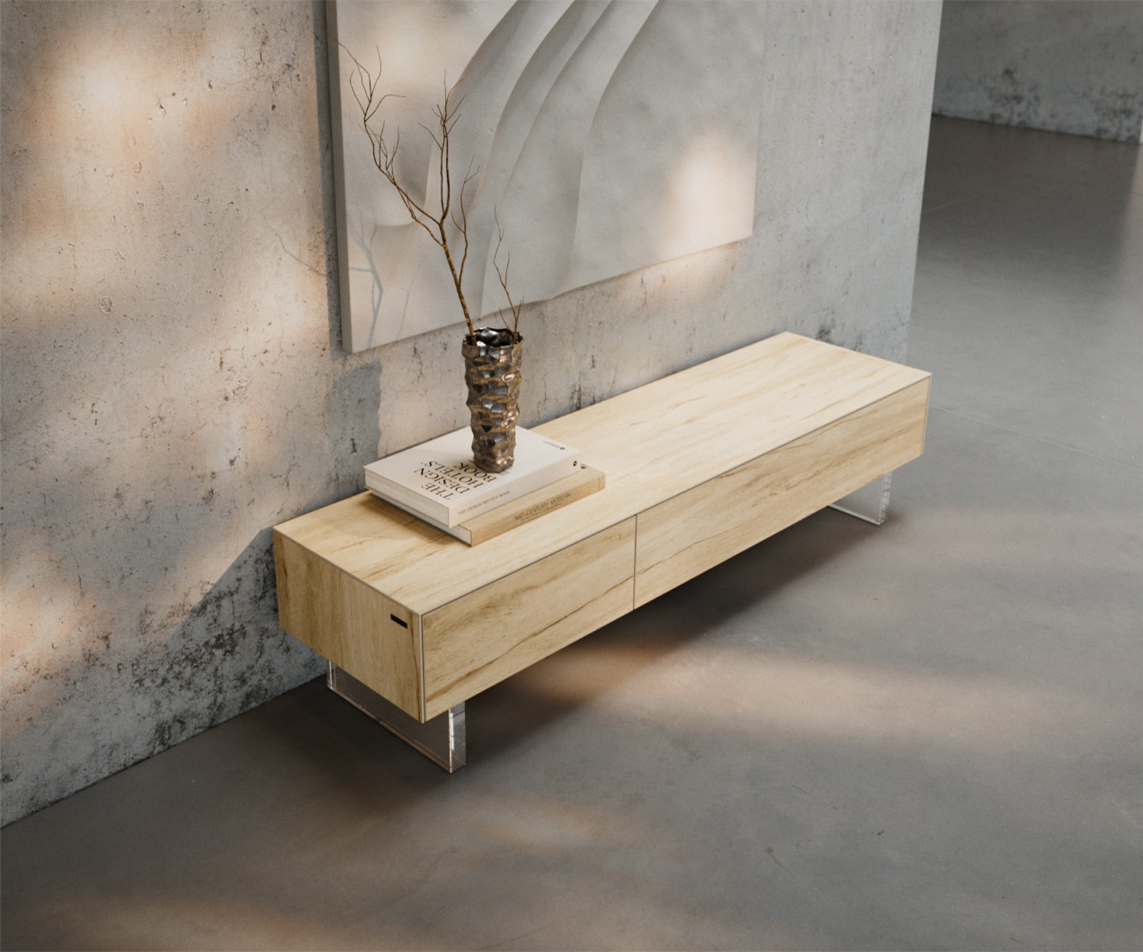 Lowboard Cuor 150 cm Keramik Laminam® Sabbia Eichefarbig 1 Klappe 1 Schubfach Fuß Schwebeoptik Acrylglas 4