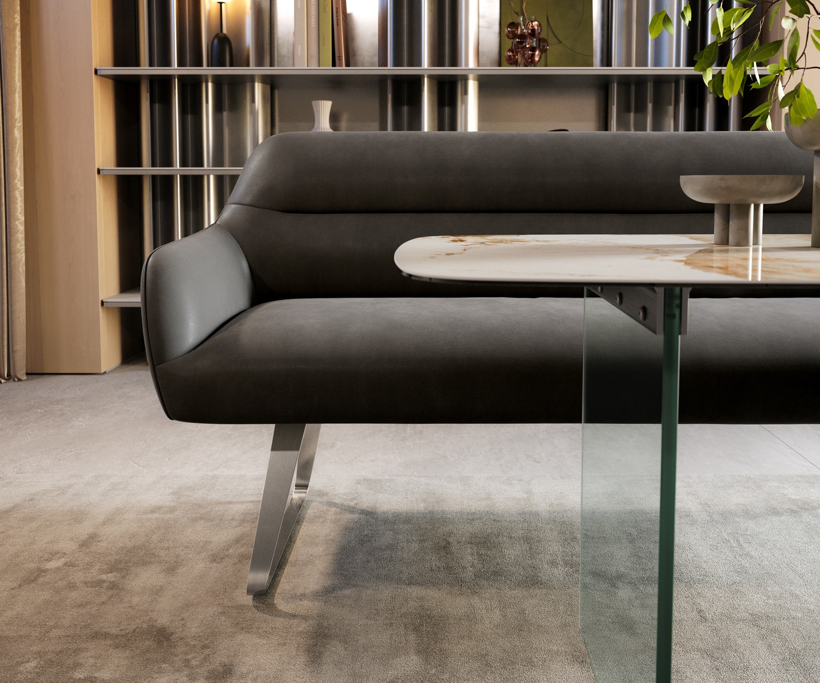 Esszimmerbank Taya-Flex 200 cm Mikrofaser Anthrazit Vintage Kufengestell flach Edelstahl Taschenfederkern 1