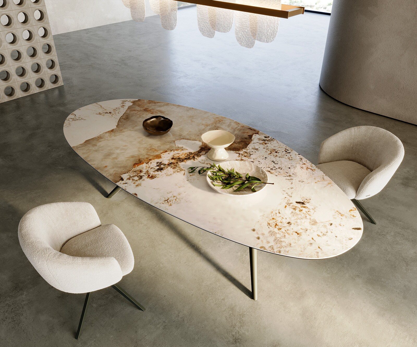 Esstisch Edge Oval 280x130 Keramik Minas Melange Weiß-Beige Estelar rund Metall Effektfinish Titan 1