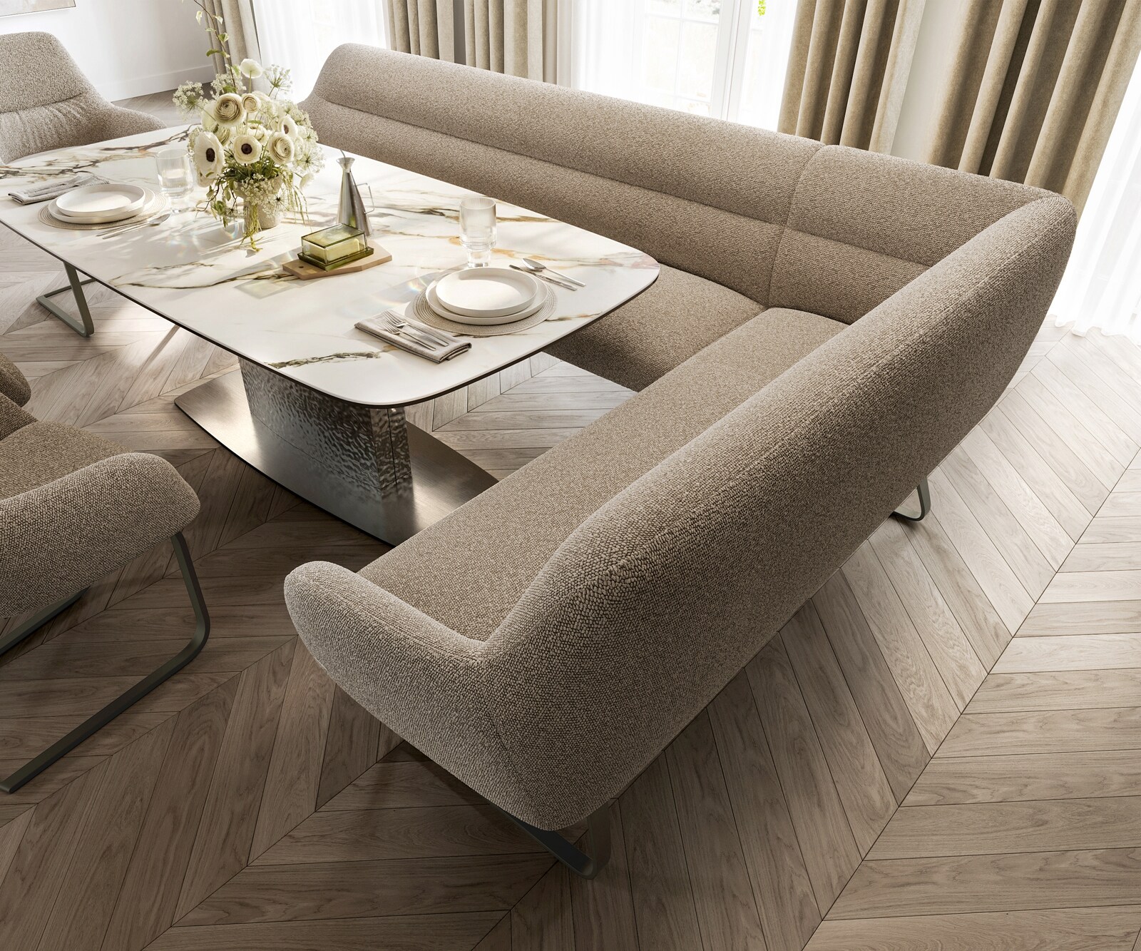 Esszimmerbank Taya-Flex 285x190 cm Bouclé Schlamm Kufengestell flach Effektfinish Titan Taschenfederkern Links 4