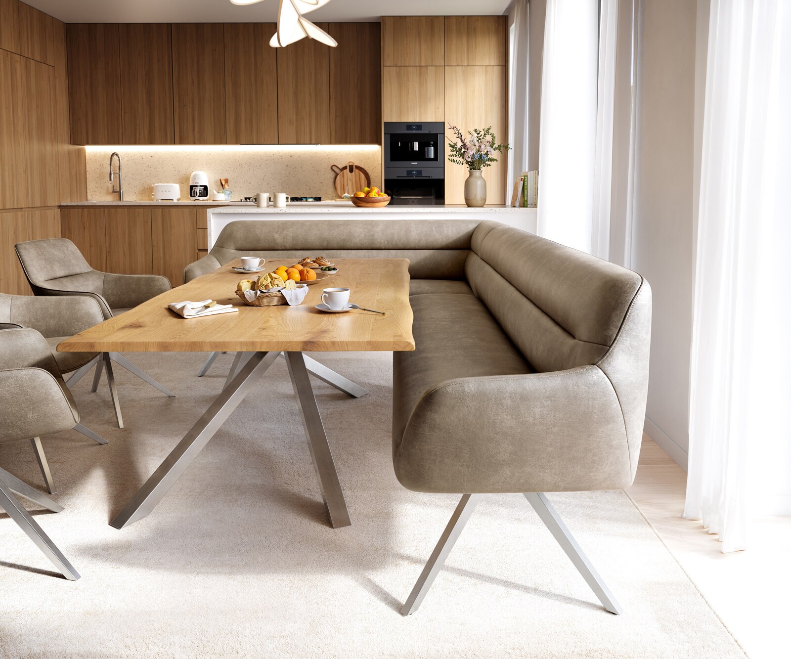 Esszimmerbank Taya-Flex 285x190 cm Mikrofaser Beige Vintage Kreuzgestell kantig Edelstahl Taschenfederkern Rechts 1