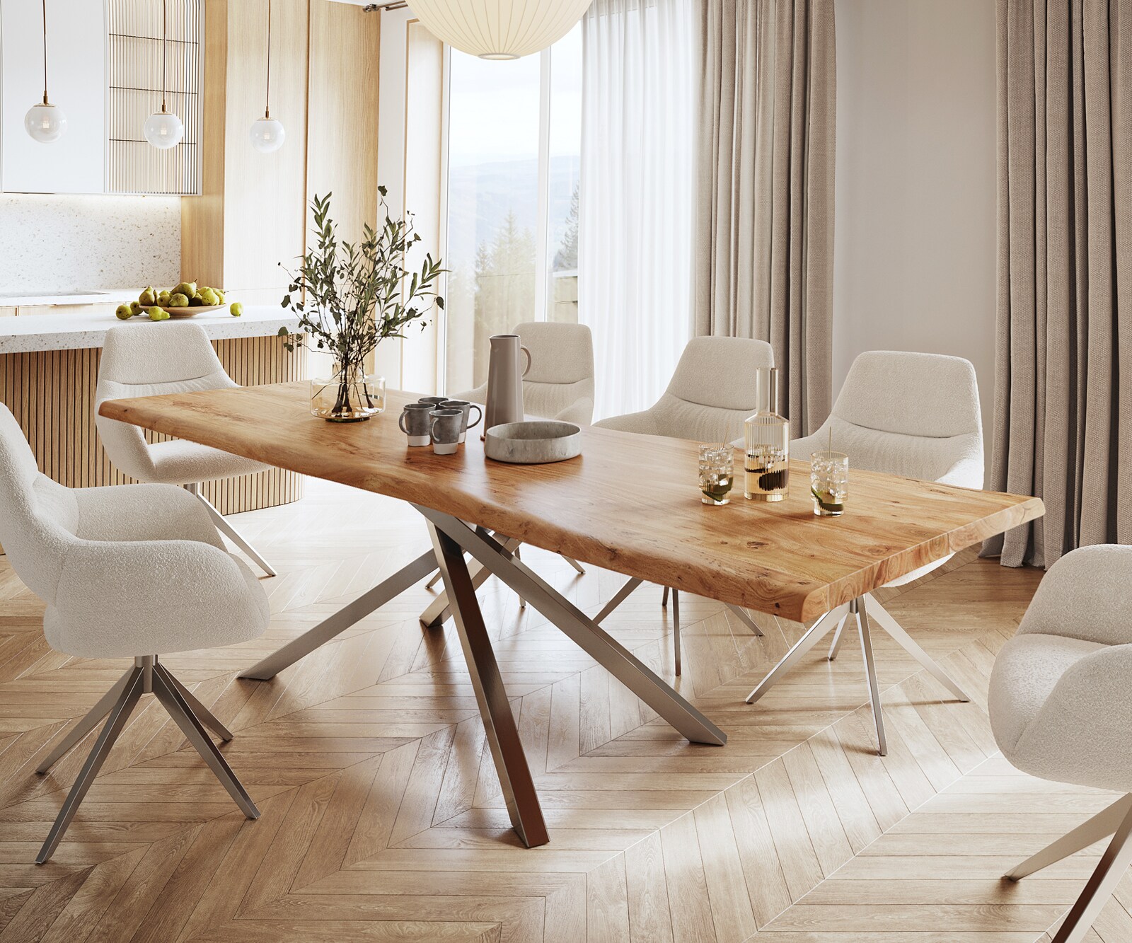 Esstisch Edge 280x100 XL Akazie Natur Kreuzgestell Rechteck Edelstahl Live- günstig online kaufen