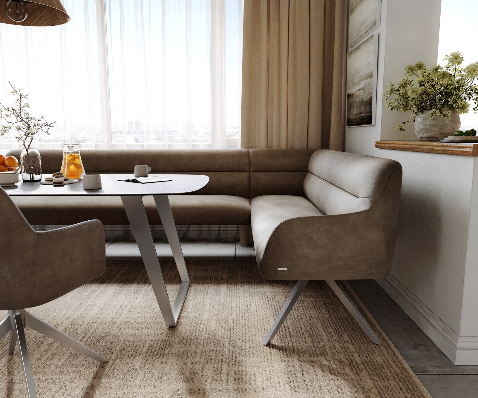 Esszimmerbank Taya-Flex 285x190 cm Mikrofaser Taupe Vintage Kreuzgestell kantig Edelstahl Taschenfederkern Links 5