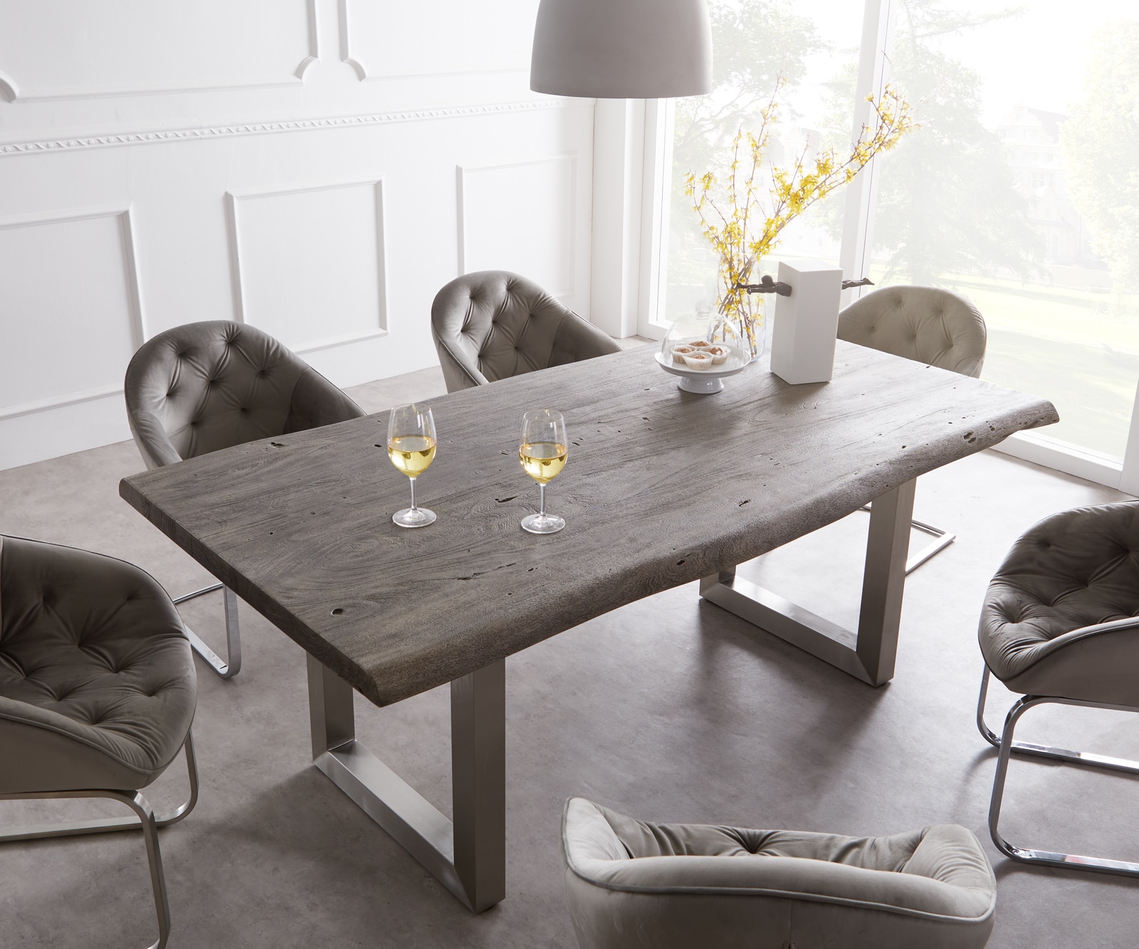 Esstisch Edge 220x100cm XL Akazie Platin Edelstahl breit Live-Edge 2 Esstisch Edge 220x100cm XL Akazie Platin Edelstahl breit Live-Edge 2