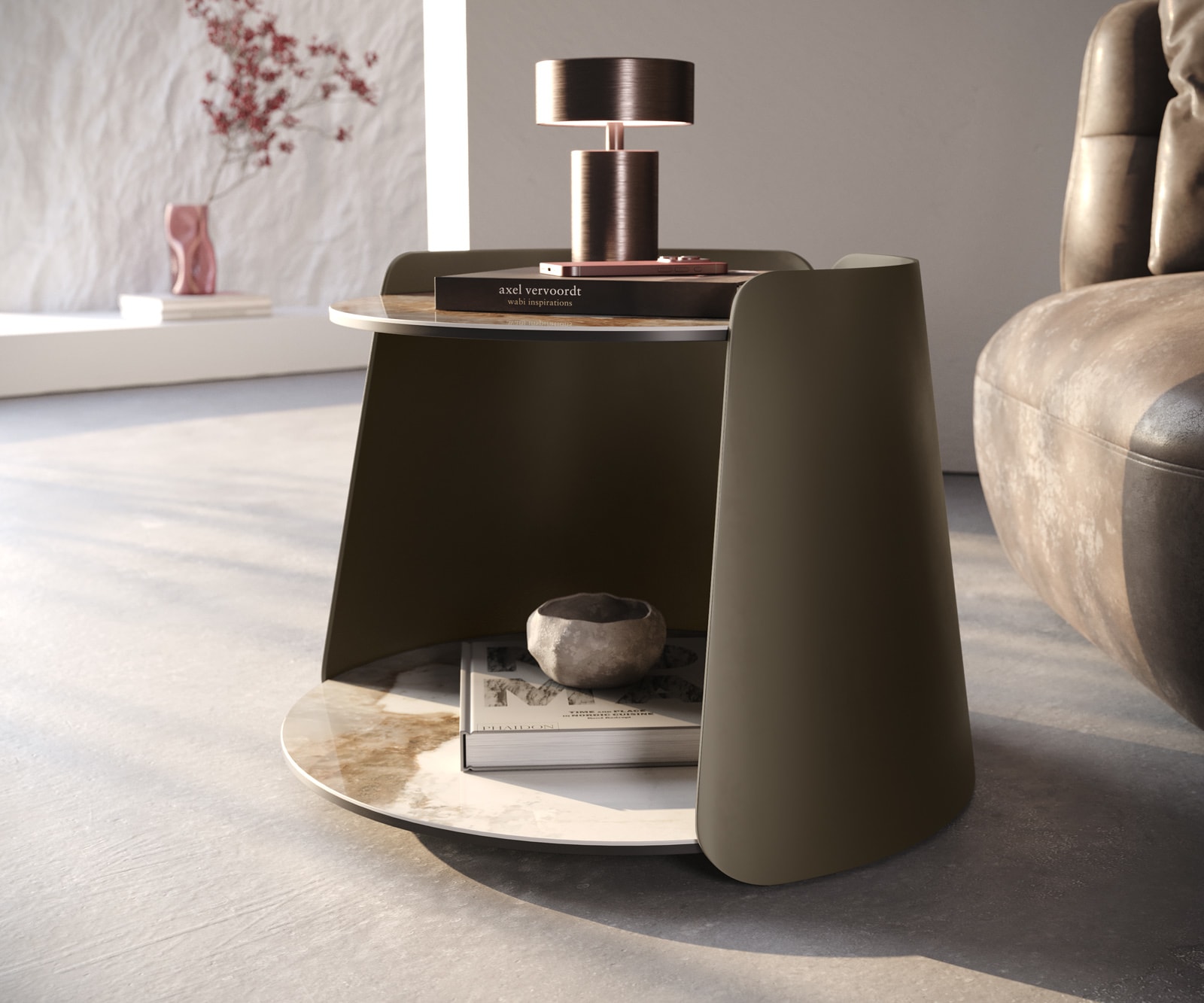 Couchtisch Daban 59x59 cm Keramik Minas Melange Weiß-Beige Gestell Metall Titanfarbig 5