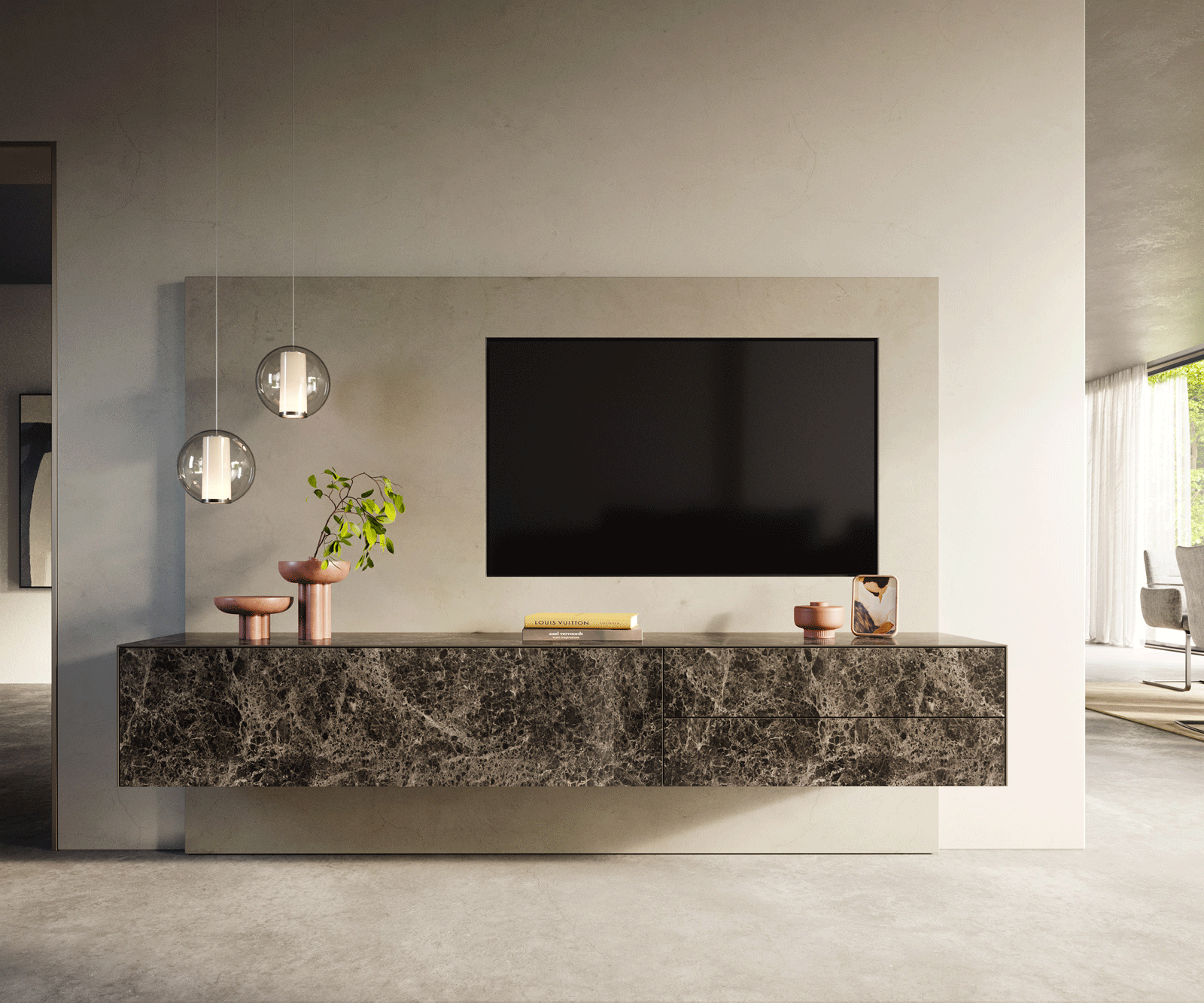 Lowboard Cuor 220 cm Keramik Laminam® Emperador Extra Lucidato Dunkelbraun 1 Klappe 2 Schubfächer Schwebend 2