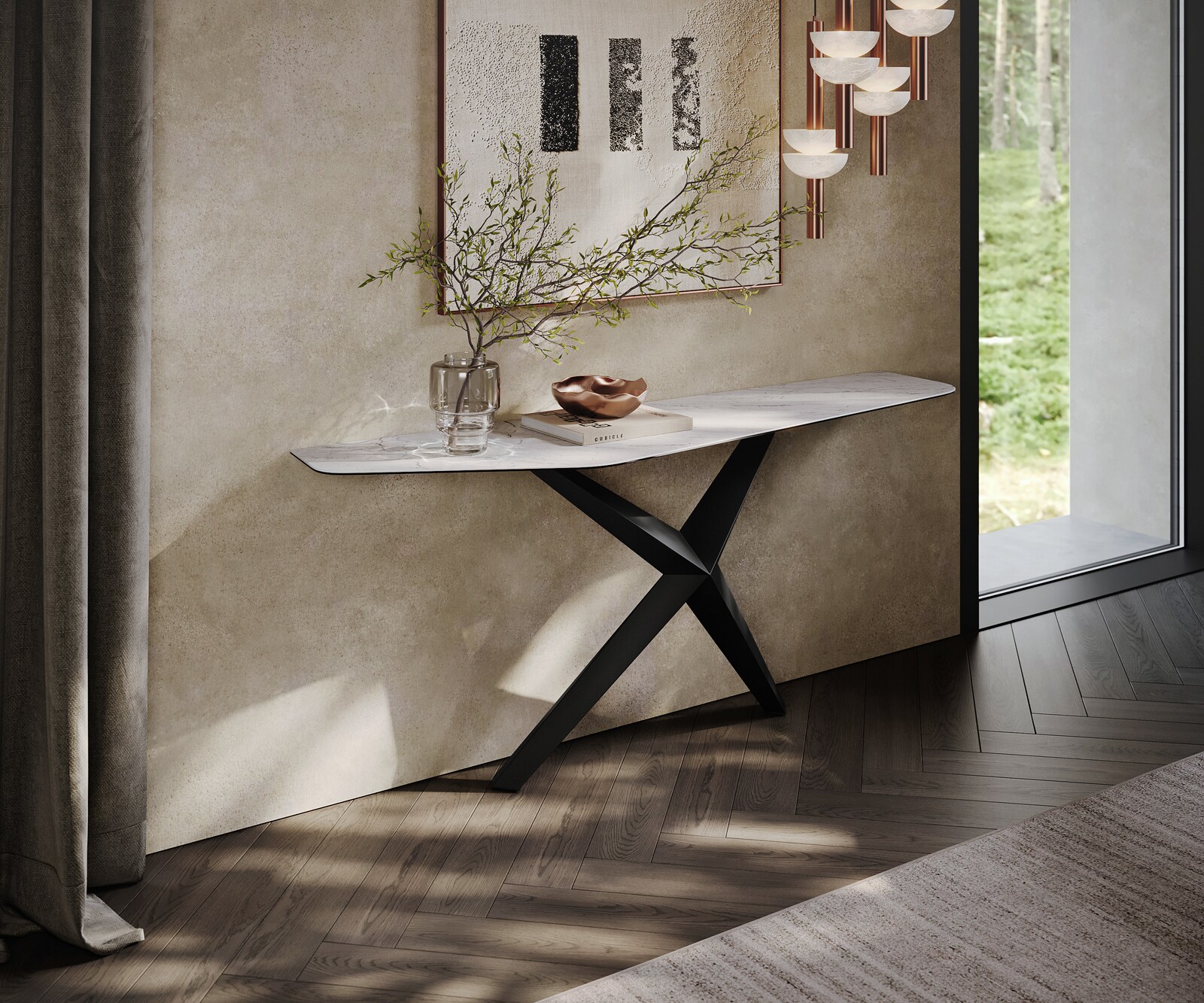 Konsolentisch Edge Polygonal 180x50 cm Keramik Laminam® Statuarietto Weiß Zentharo Metall Schwarz 3