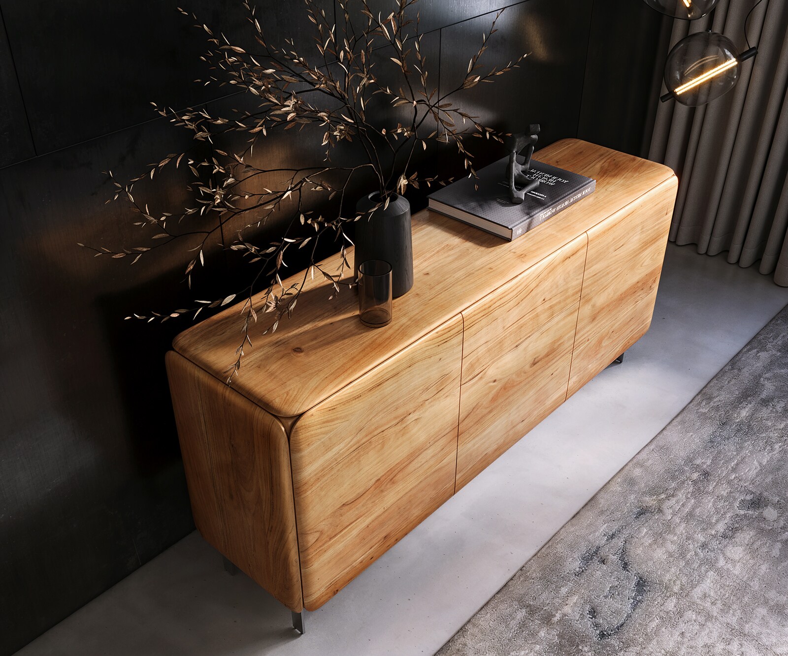 Sideboard Shavani 175 cm Akazie Natur 2 Türen 3 Schubladen L-Fuß Edelstahl Silber 4