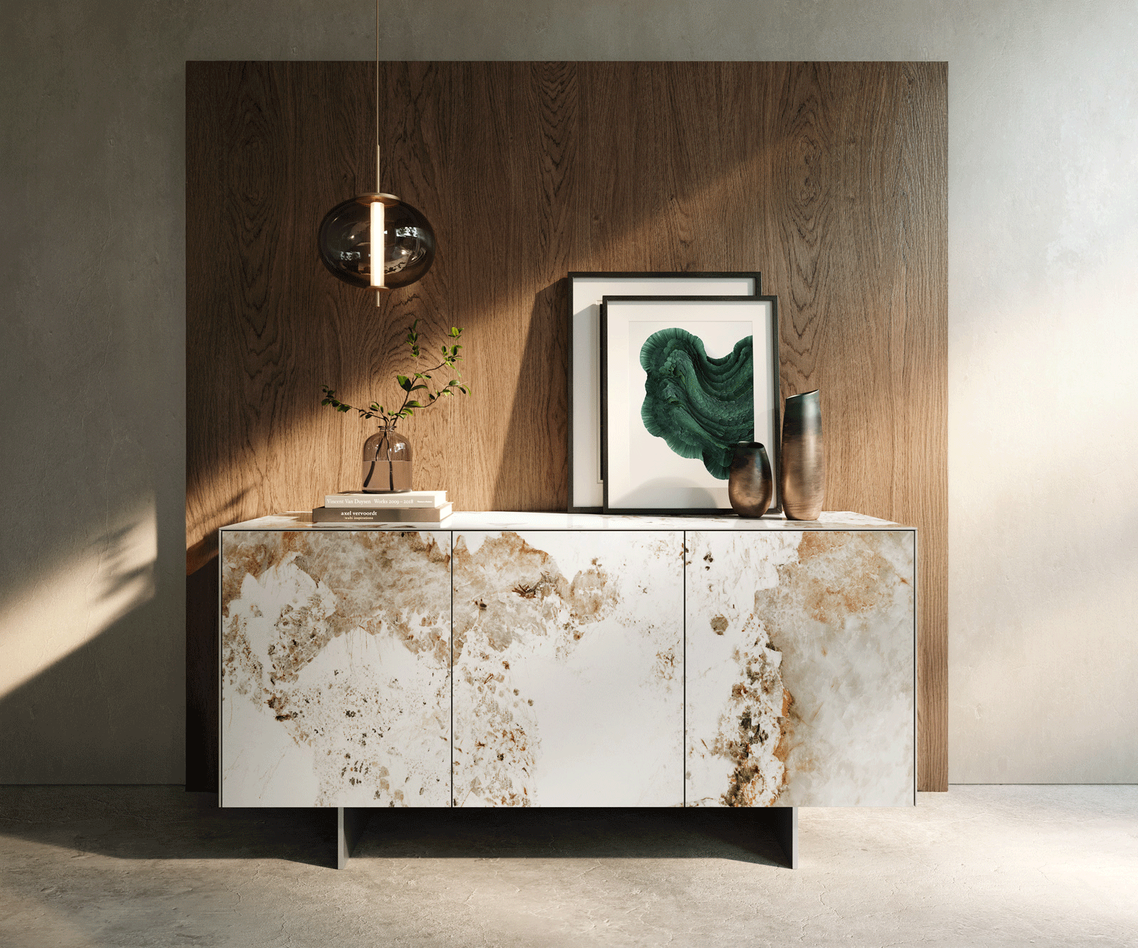 Sideboard Cuor 150 cm Keramik Minas Melange Weiß-Beige 3 Türen Fuß Schwebeoptik Edelstahl 1