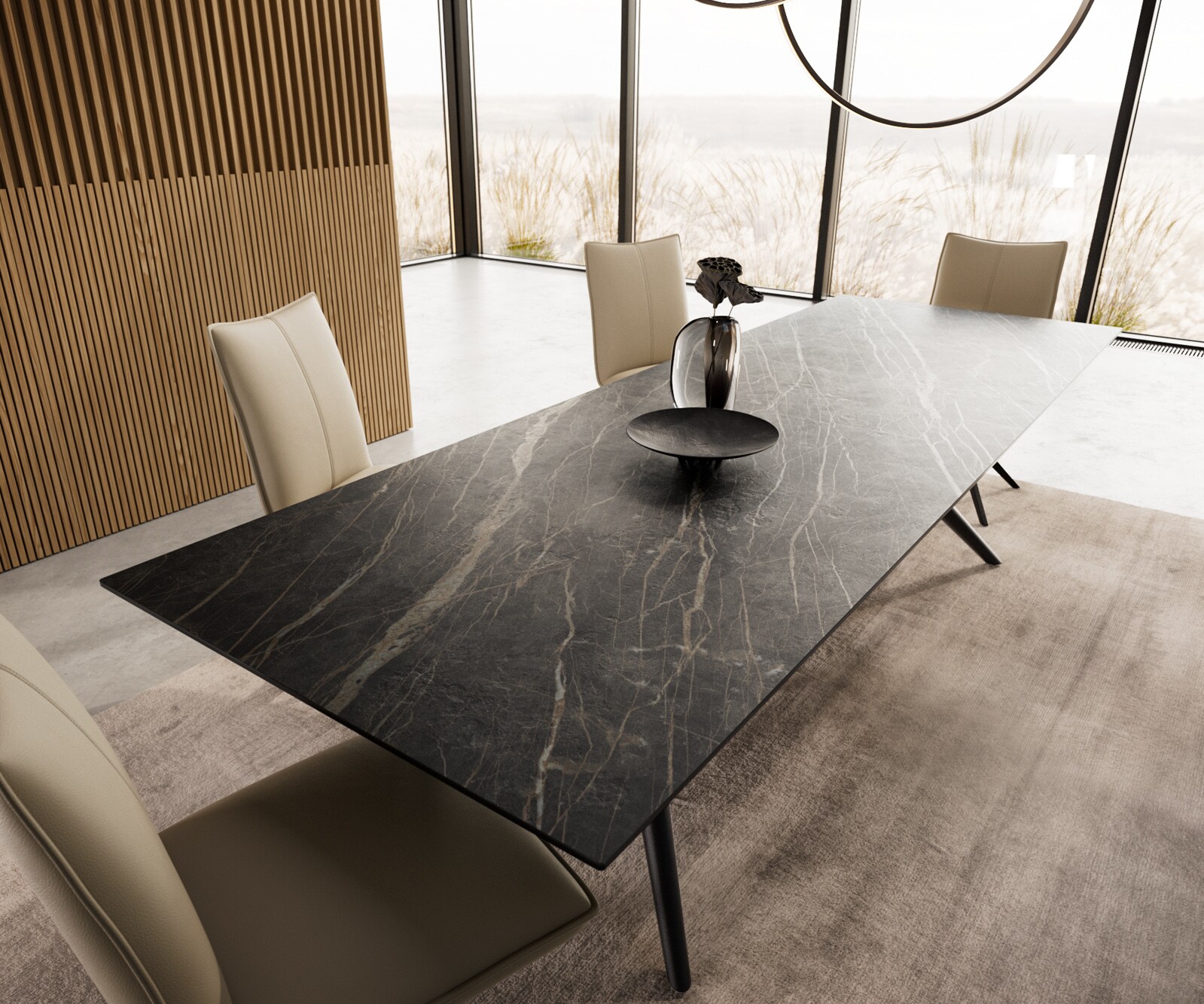 Esstisch Edge 300x100 Keramik Laminam®Noir Desir Braun Estelar rund Metall Schwarz 4