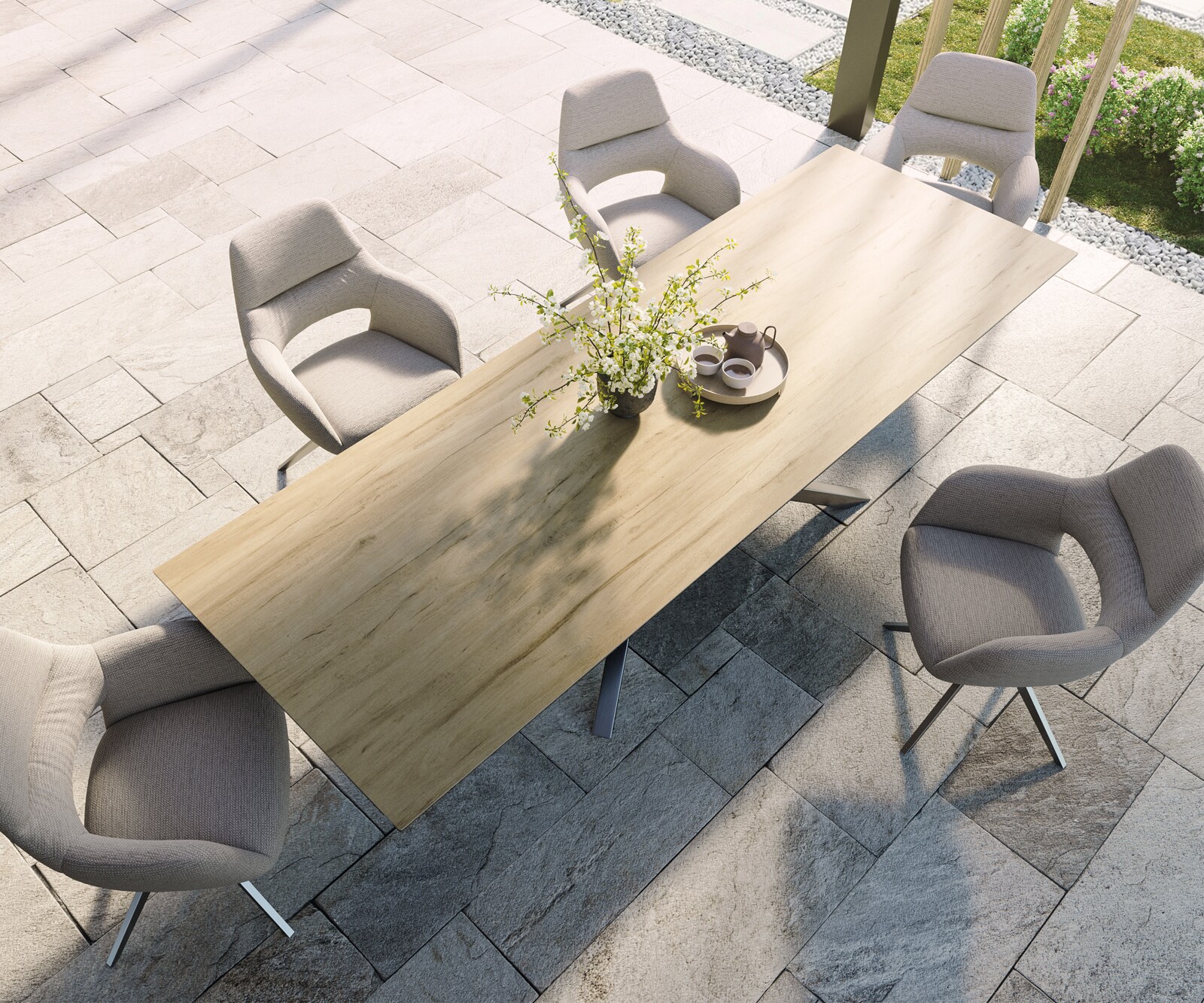 Outdoortisch Edge 300x100 cm Keramik Laminam® Sabbia Eichefarbig Kreuzgestell Rechteck Edelstahl 3