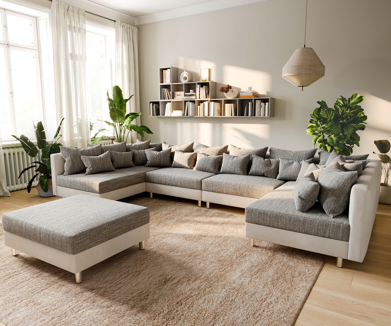 Wohnlandschaft Clovis XL Weiss Hellgrau Modulsofa Hocker  Wohnlandschaft Clovis XL Weiss Hellgrau Modulsofa Hocker