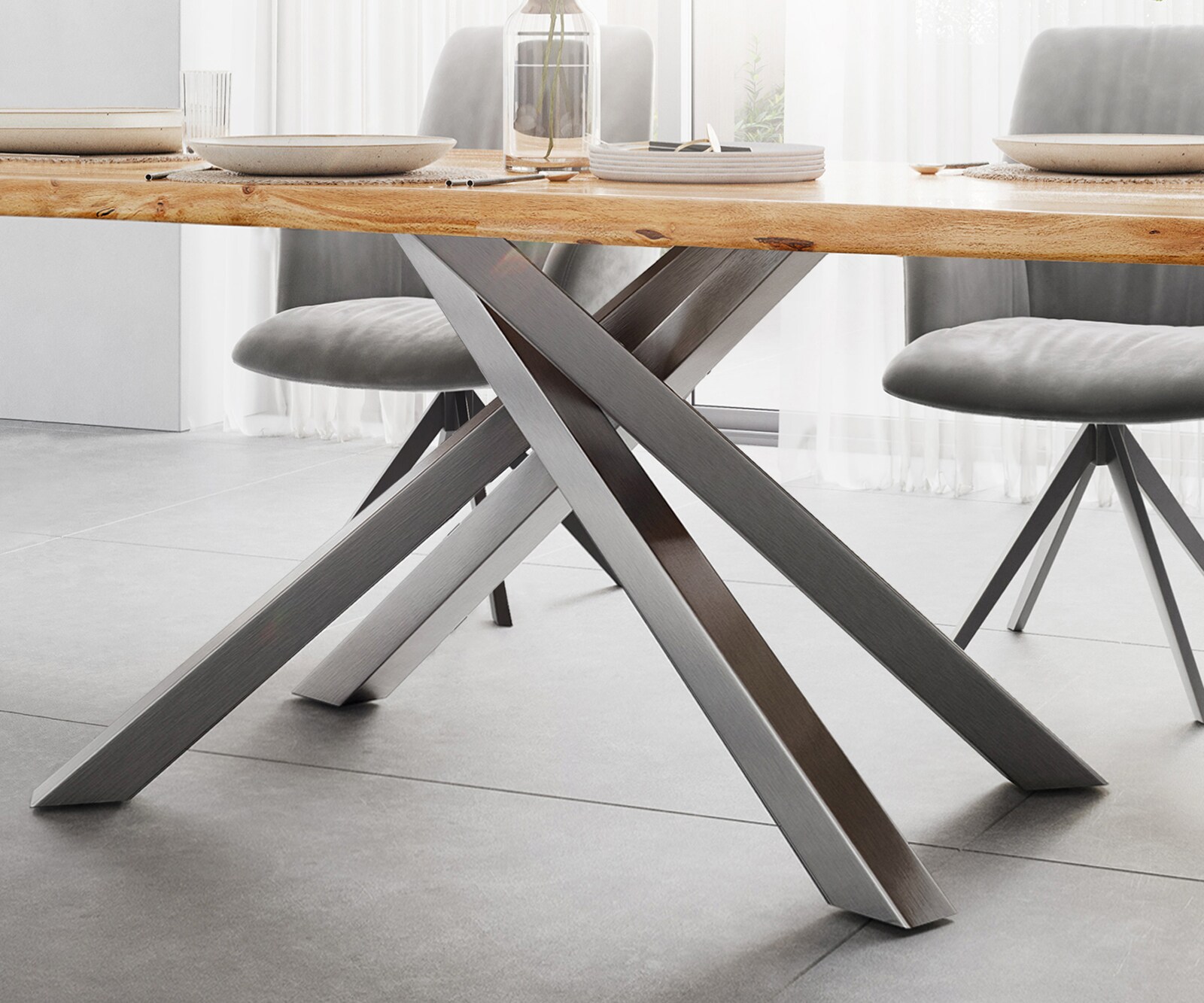 Esstisch Edge 200x100 Akazie Natur Kreuzgestell Rechteck Edelstahl Live-Edge 5
