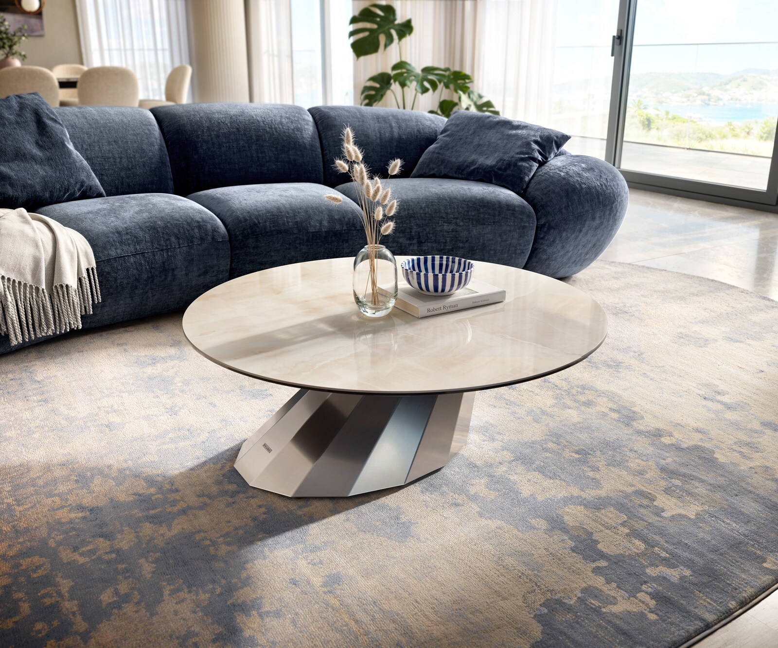 Couchtisch Edge Rund 100x100 cm Keramik Onyx Champagne Parabi Edelstahl gebürstet