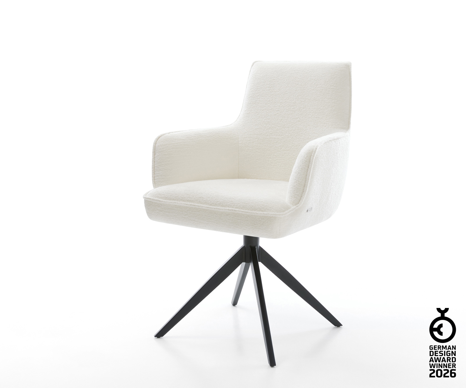 Drehstuhl Heira-Flex mit Armlehnen Bouclé Soft Beige Kreuzgestell breit Schwarz 360° drehbar Wippfunktion Taschenfederkern