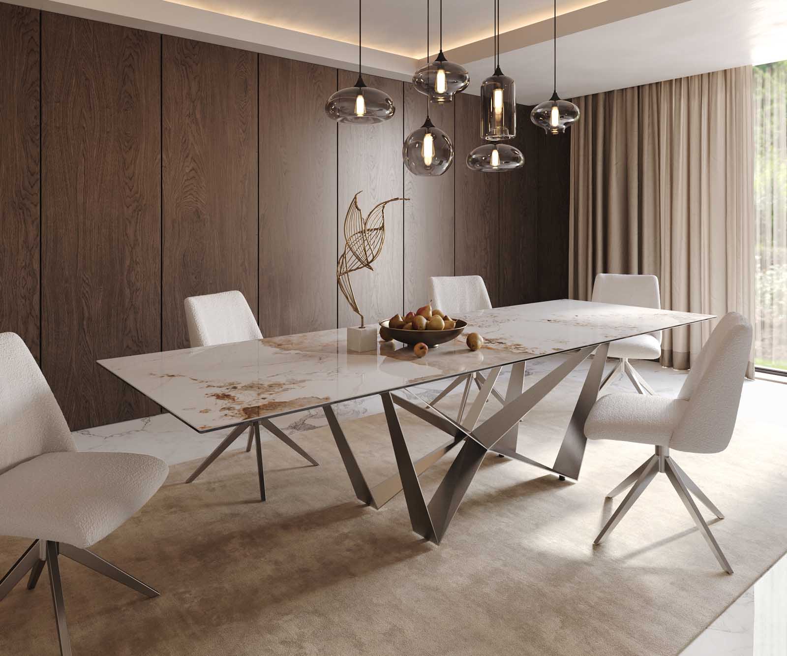 Esstisch Edge 300x100 Keramik Minas Melange Weiß-Beige Spider Flachstahl Edelstahl 1