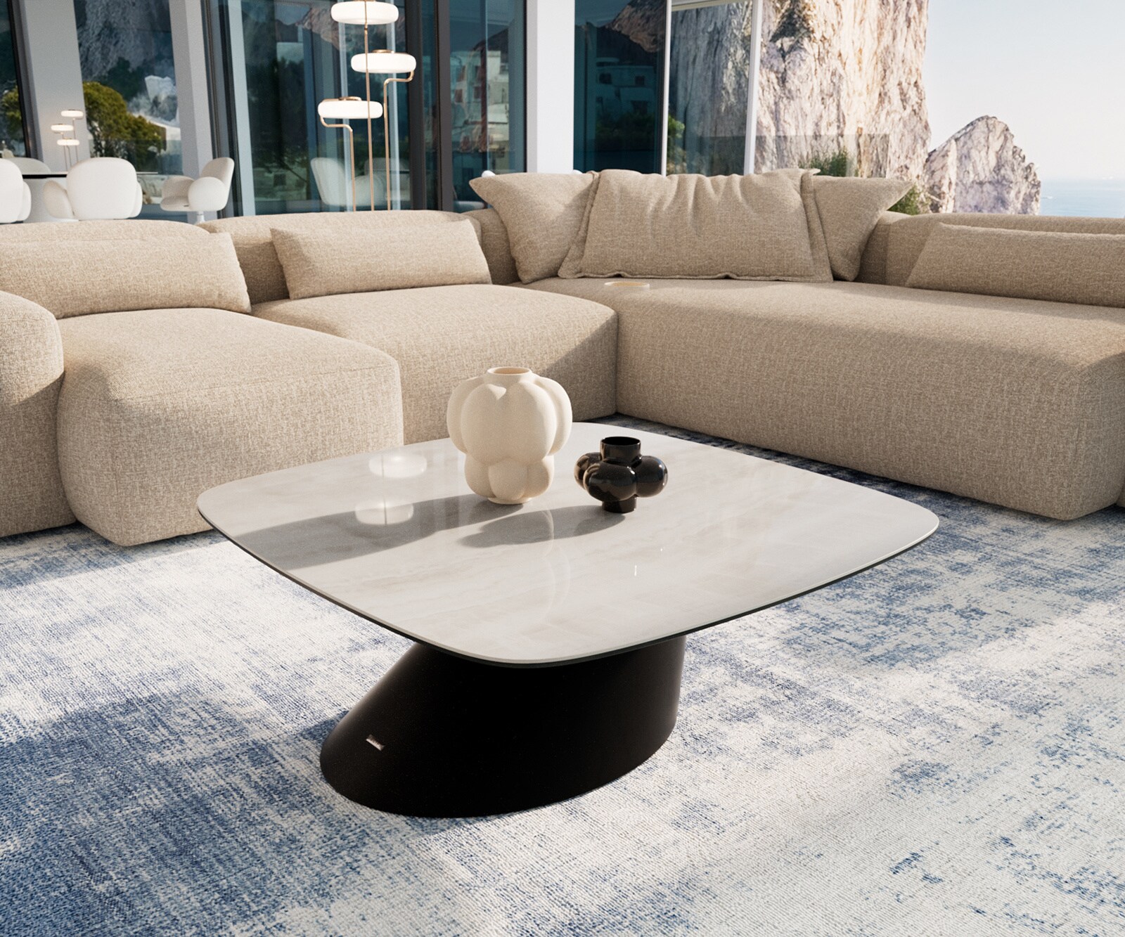 Couchtisch Edge Boot 90x90 cm Keramik Onyx Champagne Conis Metall Schwarz 1