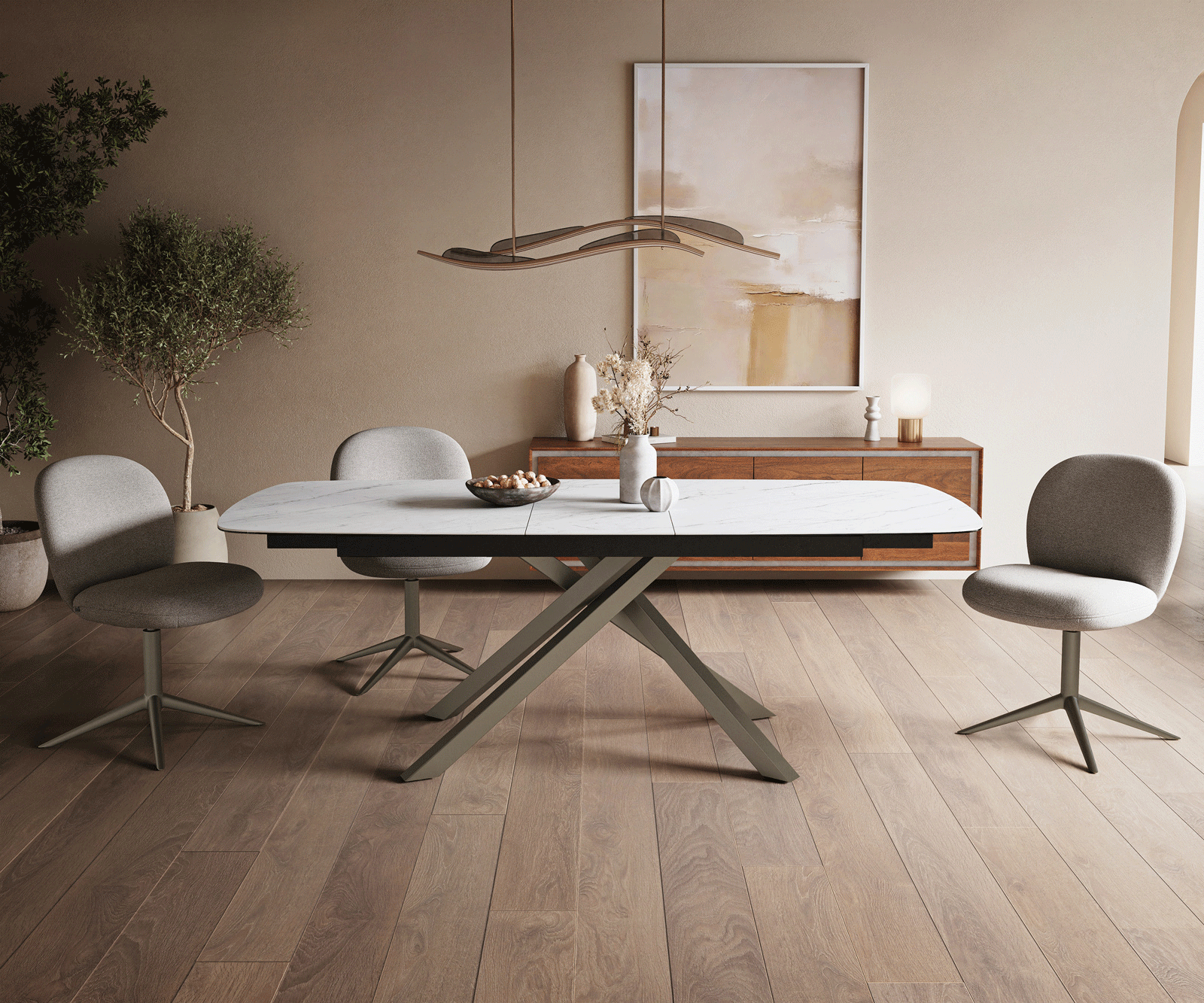 Esstisch Edge Boot 180-220x100 cm Keramik Laminam® Statuarietto Weiß Kreuzgestell Rechteck Effektfinish Titan ausziehbar 2