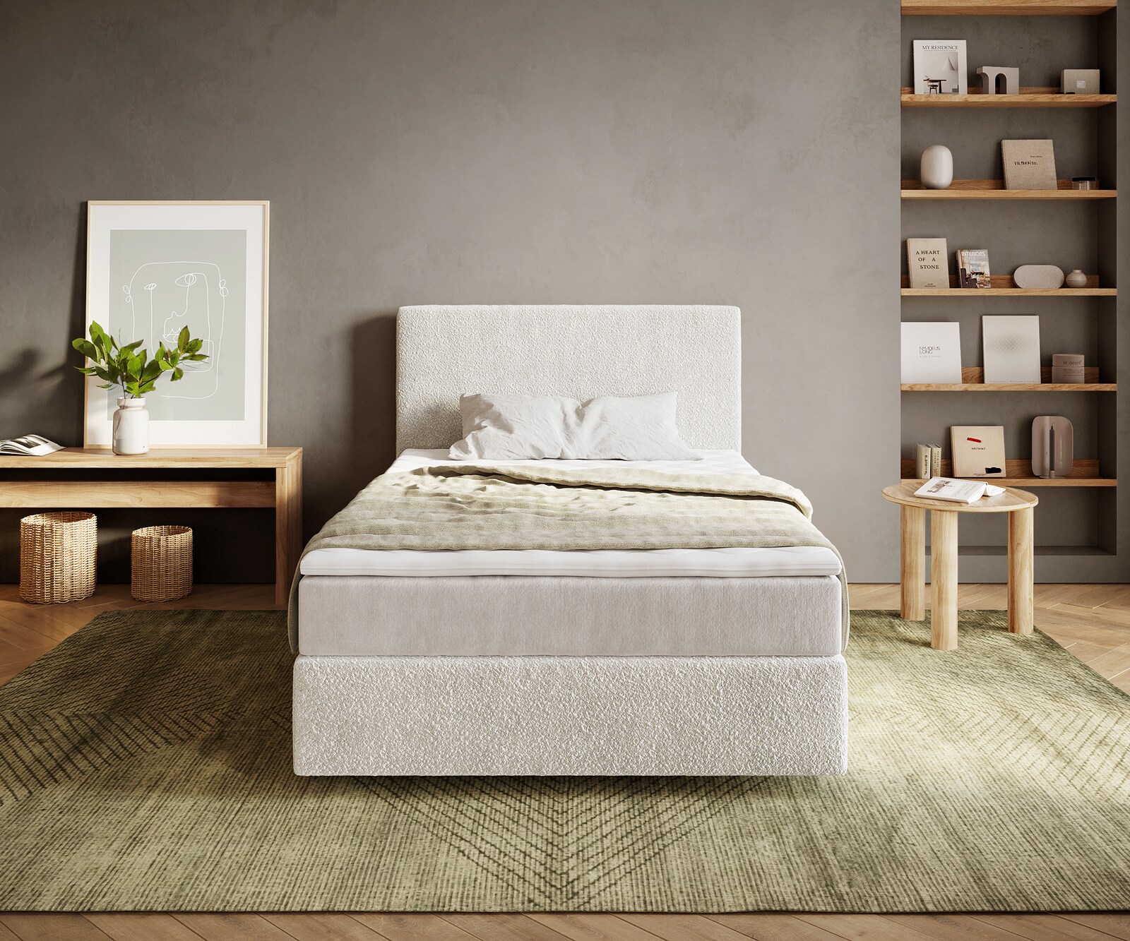 Boxspringbett Dream-Well 120x200 cm Bouclé Creme-Weiß mit Taschenfederkernmatratze und Topper Visco 1