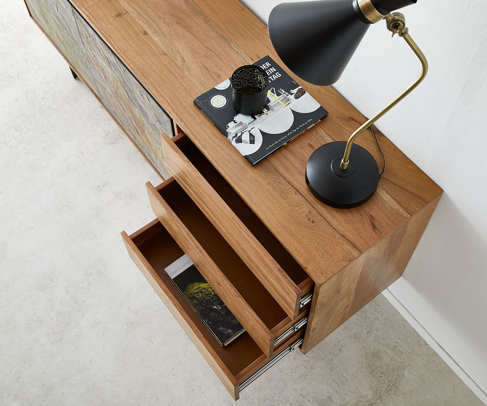 Sideboard Juwelo 175 cm Akazie Natur mit Steinfurnier  6