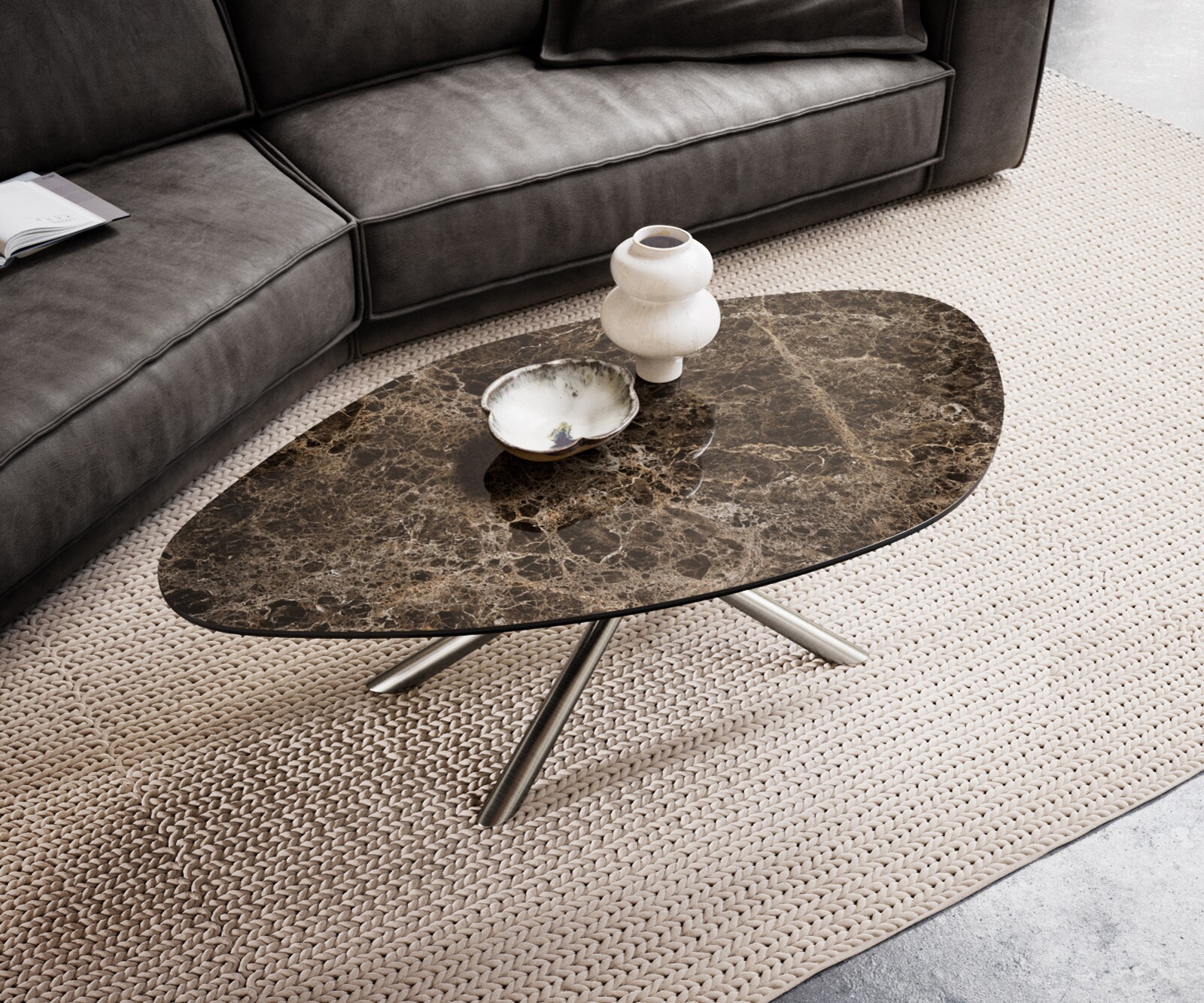 Couchtisch Edge Organisch 140x76 cm Keramik Emperador Extra Lucidato Dunkelbraun Sarity Edelstahl gebürstet 3