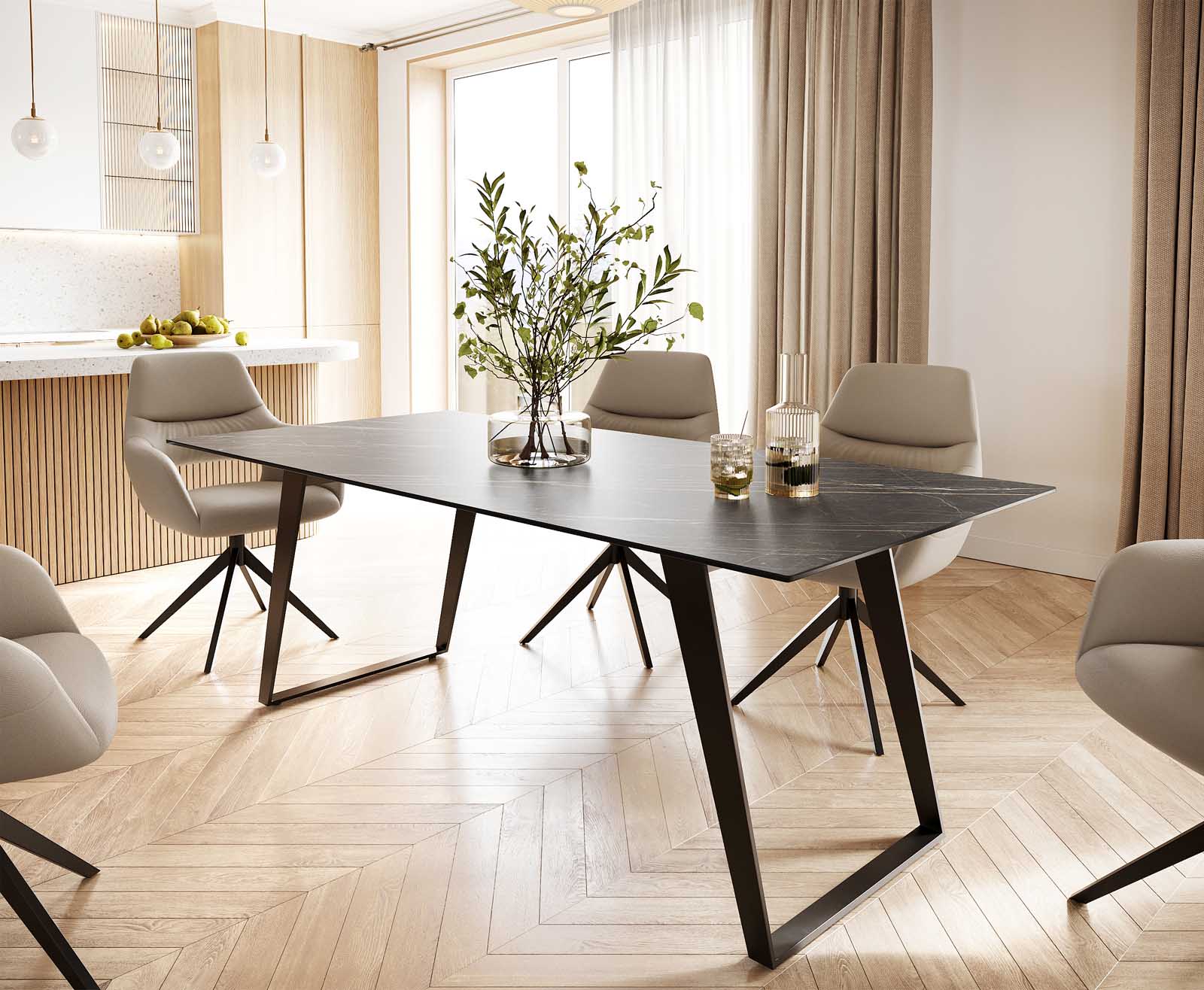 Esstisch Edge 200x100 Keramik Laminam® Noir Desir Braun Metall Schräg Schwarz