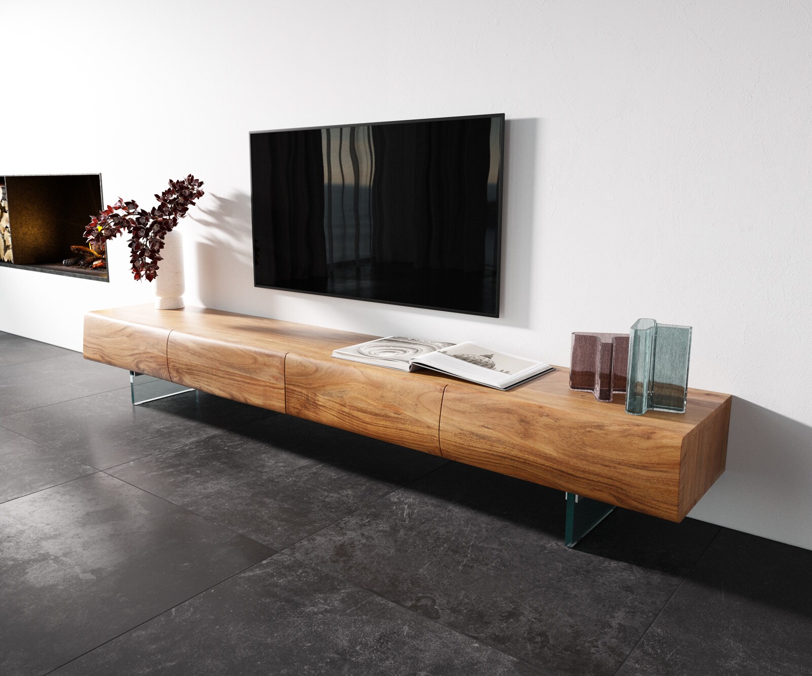 Lowboard New Live-Edge 240 cm Akazie Natur 4 Schubladen Glasfuß