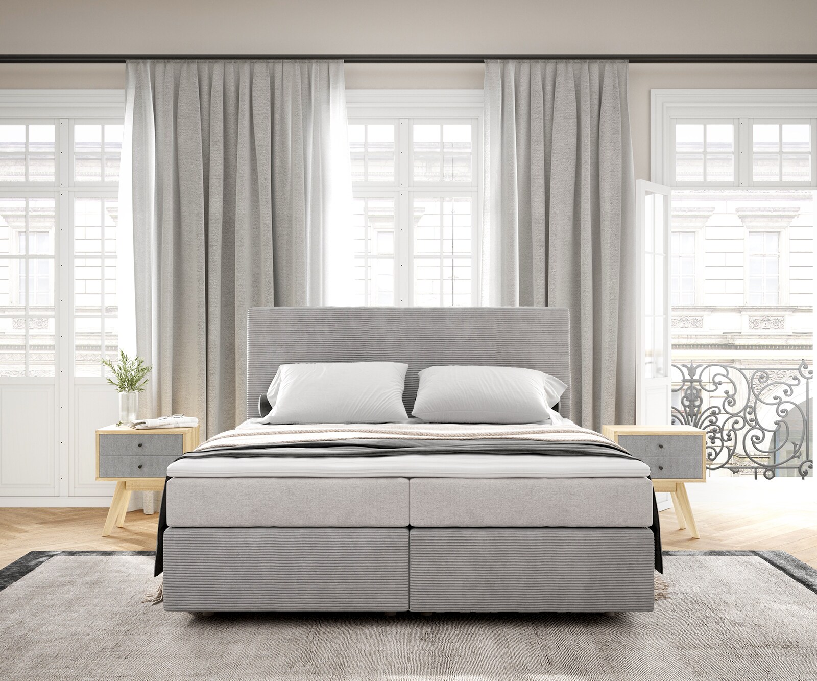 Boxspringbett Dream-Well 160x200 cm Cord Silbergrau mit Taschenfederkernmatratze und Topper Visco 1