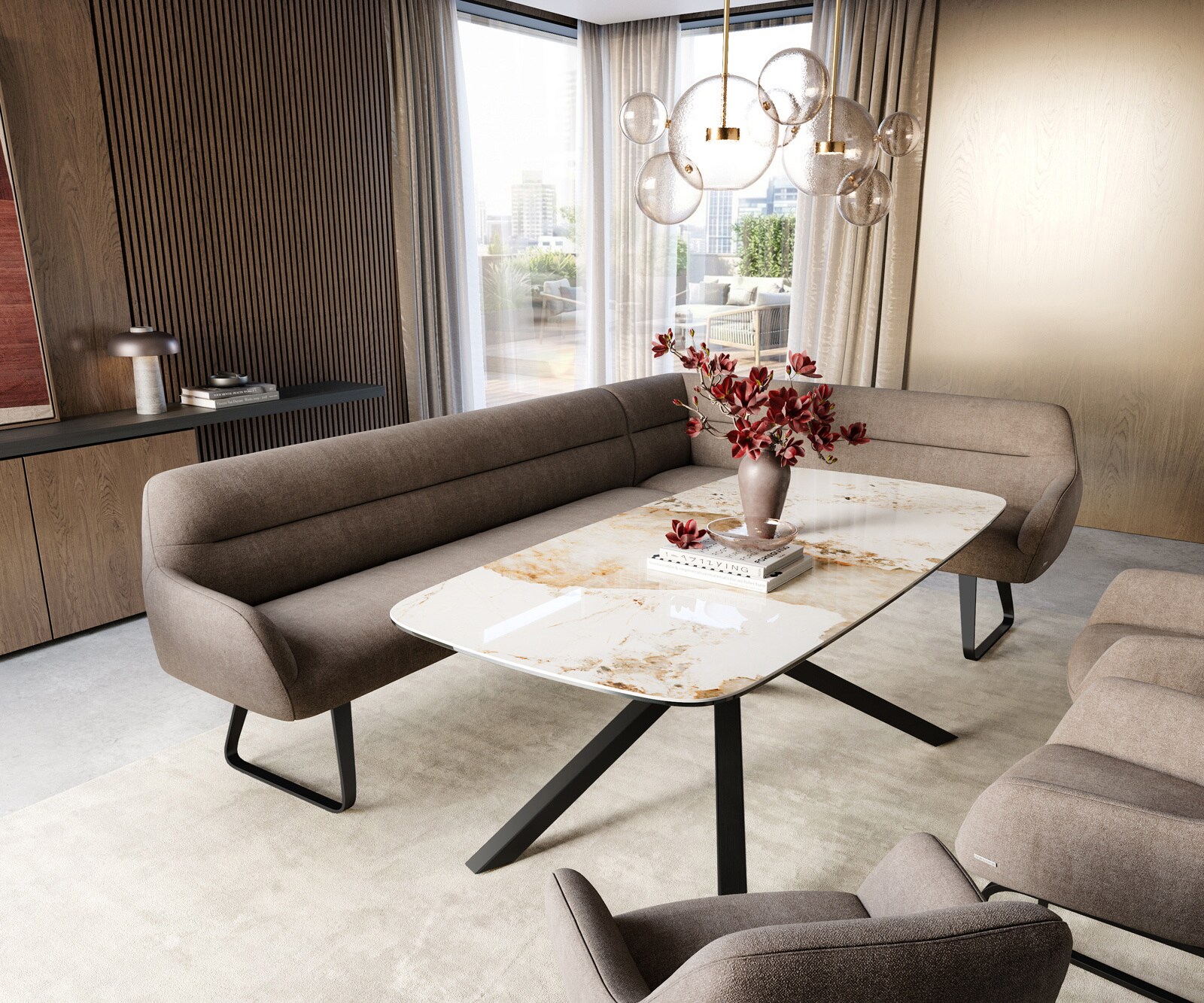 Esszimmerbank Taya-Flex 285x190 cm Strukturstoff Soft Taupe Kufengestell flach Schwarz Taschenfederkern Links 1