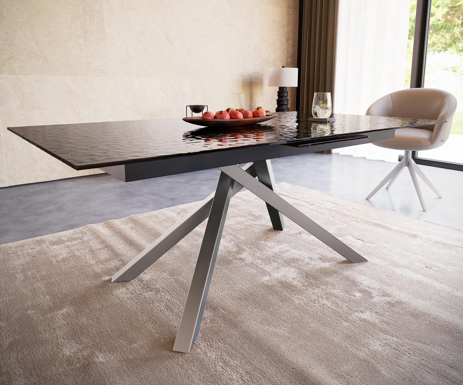 Esstisch Edge 180-220x100 Reliefglas Rauchschwarz 3D-Design Kreuzgestell Rechteck Edelstahl ausziehbar 4 Esstisch Edge 180-220x100 Reliefglas Rauchschwarz 3D-Design Kreuzgestell Rechteck Edelstahl ausziehbar 4