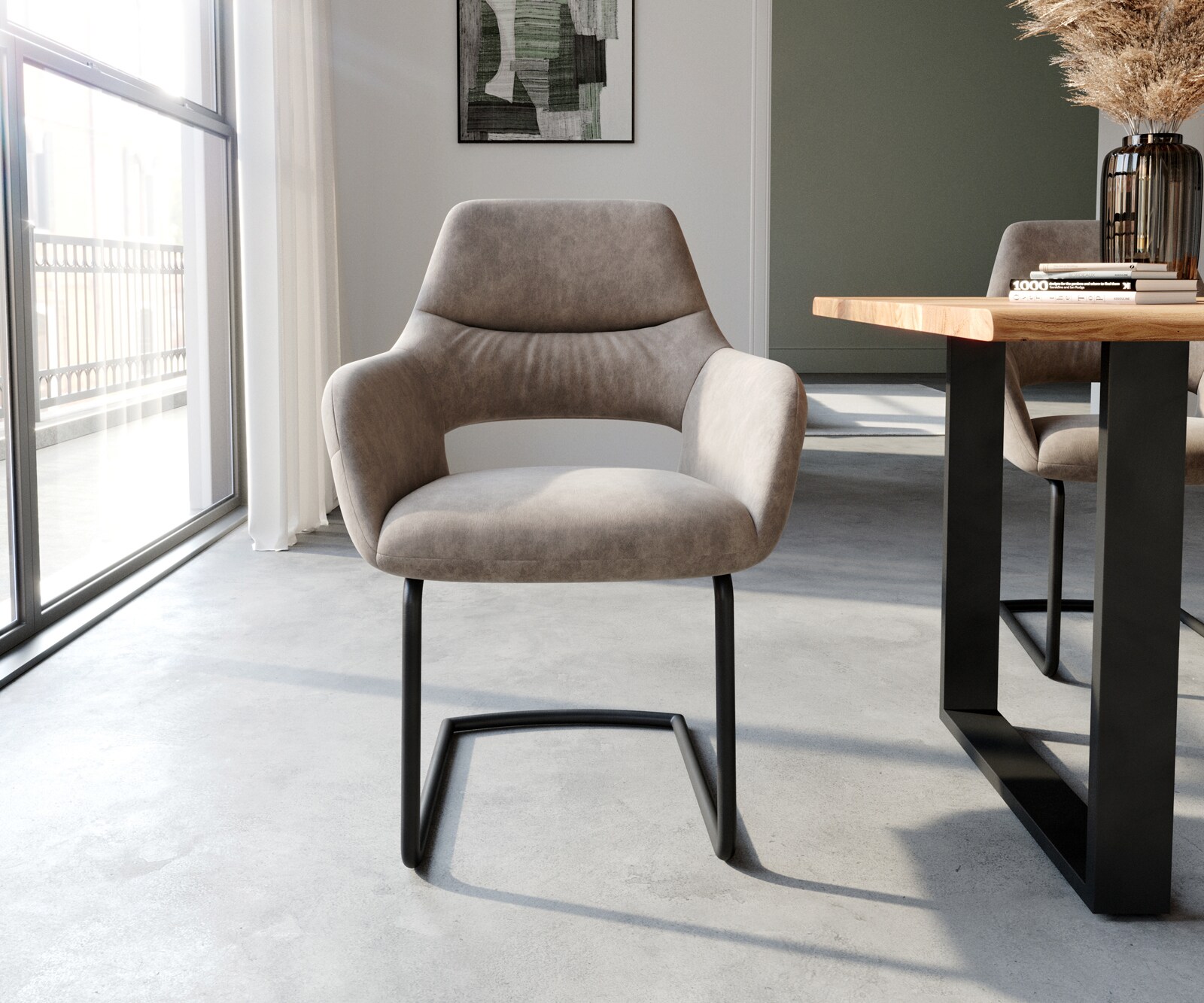 Freischwinger Yago-Flex mit Armlehnen Mikrofaser Taupe Vintage Freischwinger rund Schwarz Taschenfederkern 2