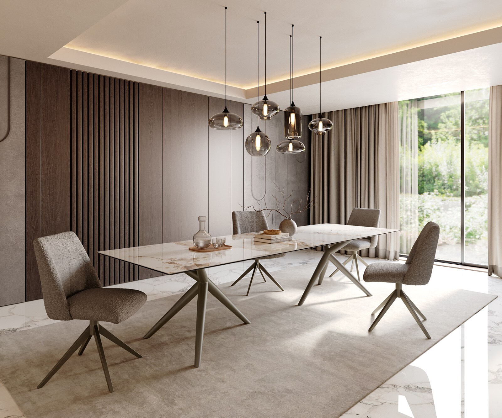 Esstisch Edge 300x100 Keramik Minas Melange Weiß-Beige Estelar rund Metall Effektfinish Titan 6