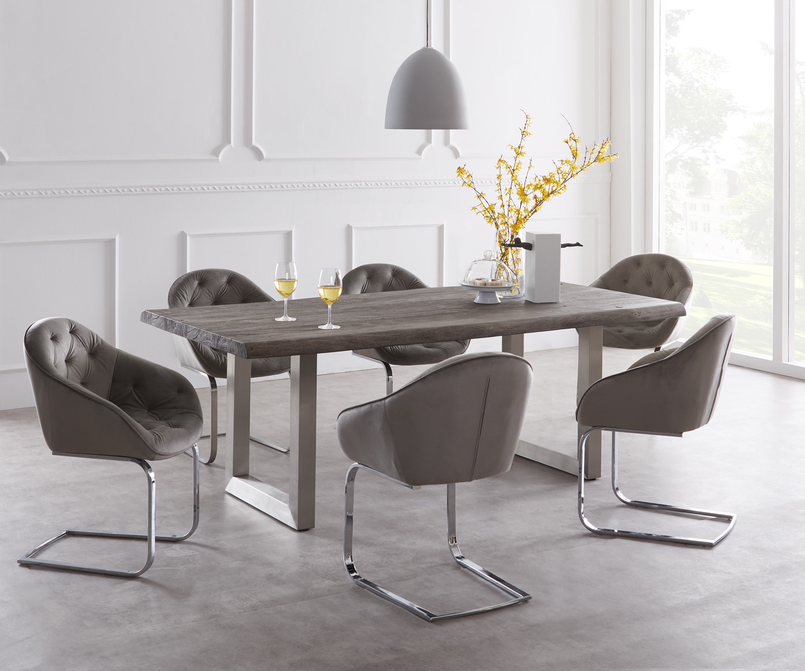 Esstisch Edge 220x100cm XL Akazie Platin Edelstahl breit Live-Edge Esstisch Edge 220x100cm XL Akazie Platin Edelstahl breit Live-Edge