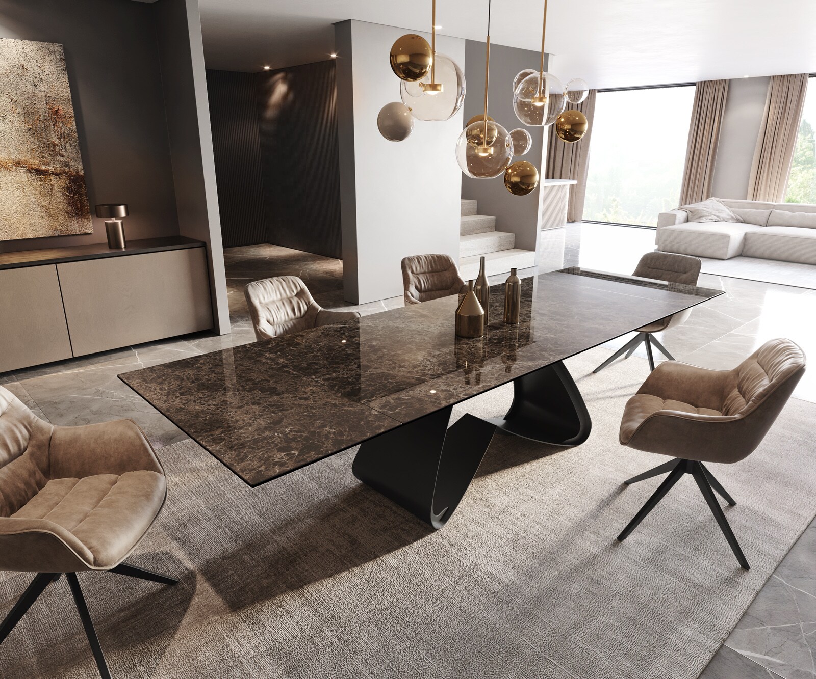 Esstisch Edge 200-300x100 Keramik Emperador Extra Lucidato Dunkelbraun W-Gestell Schwarz ausziehbar