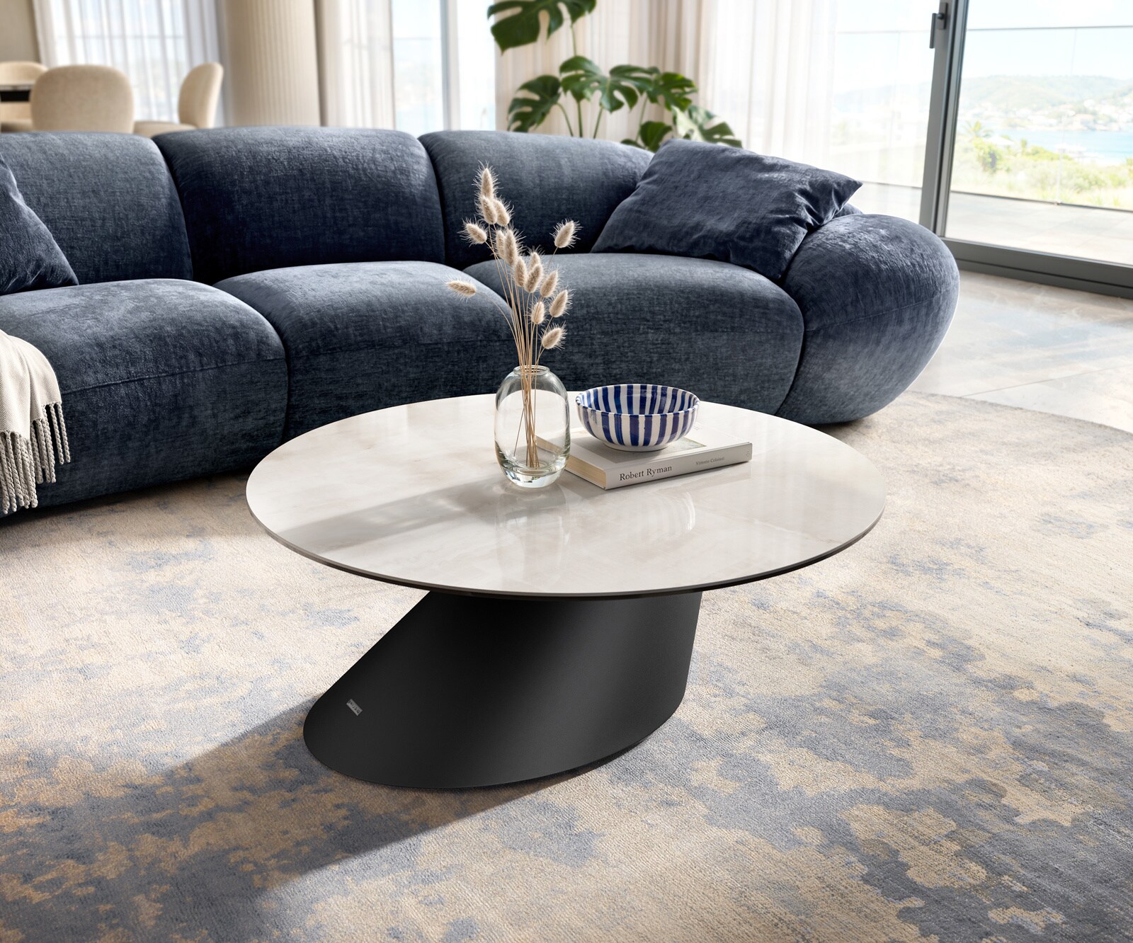 Couchtisch Edge Rund 90x90 cm Keramik Onyx Champagne Conis Metall Schwarz