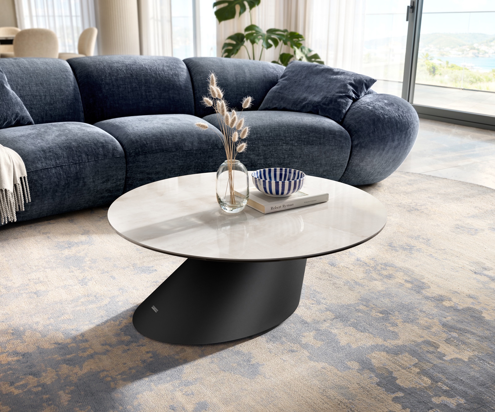 Couchtisch Edge Rund 90x90 cm Keramik Onyx Champagne Conis Metall Schwarz