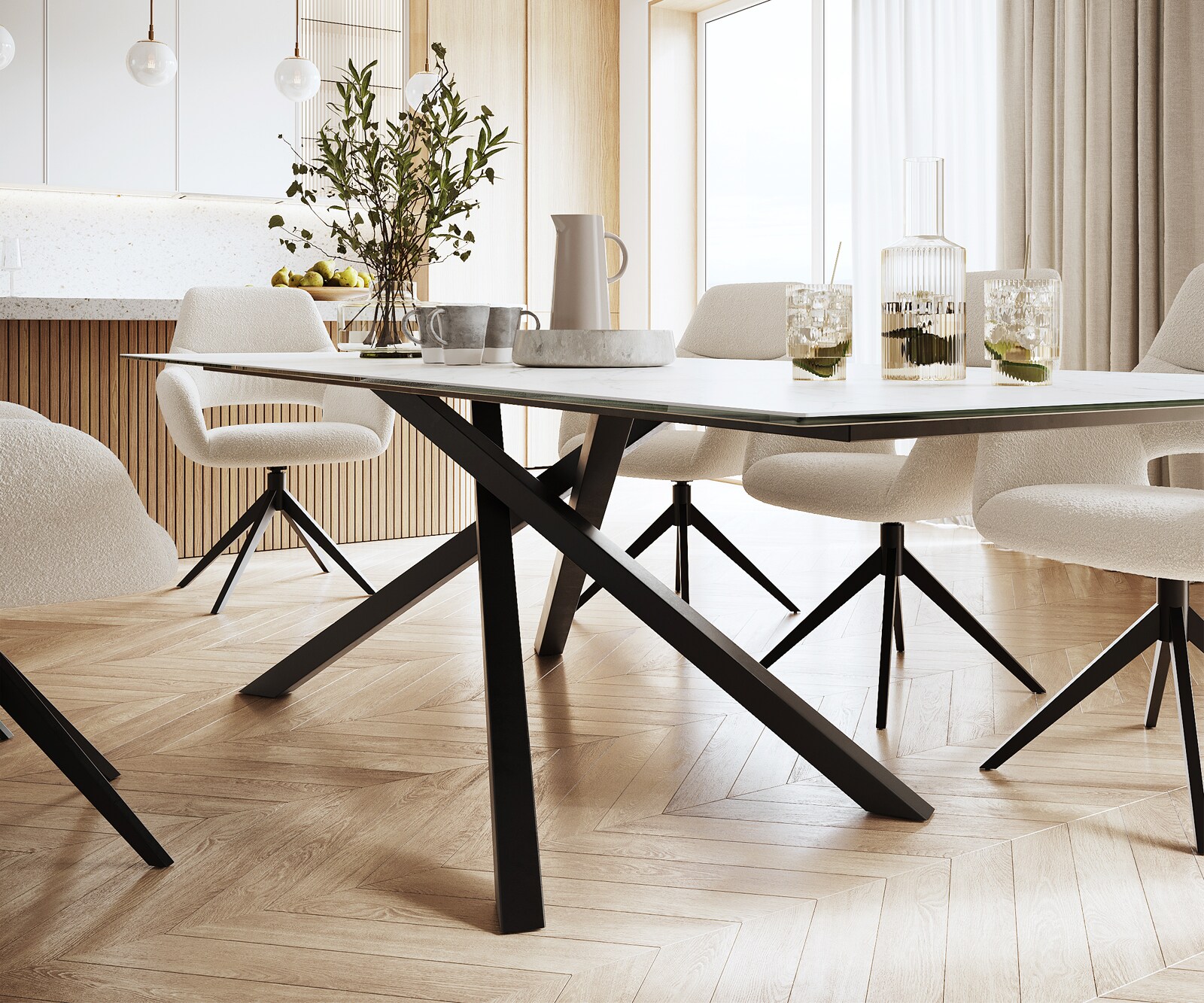 Esstisch Edge 300x100cm Keramik Laminam® Statuarietto Weiß Mittelfuß Kreuz Schwarz 5
