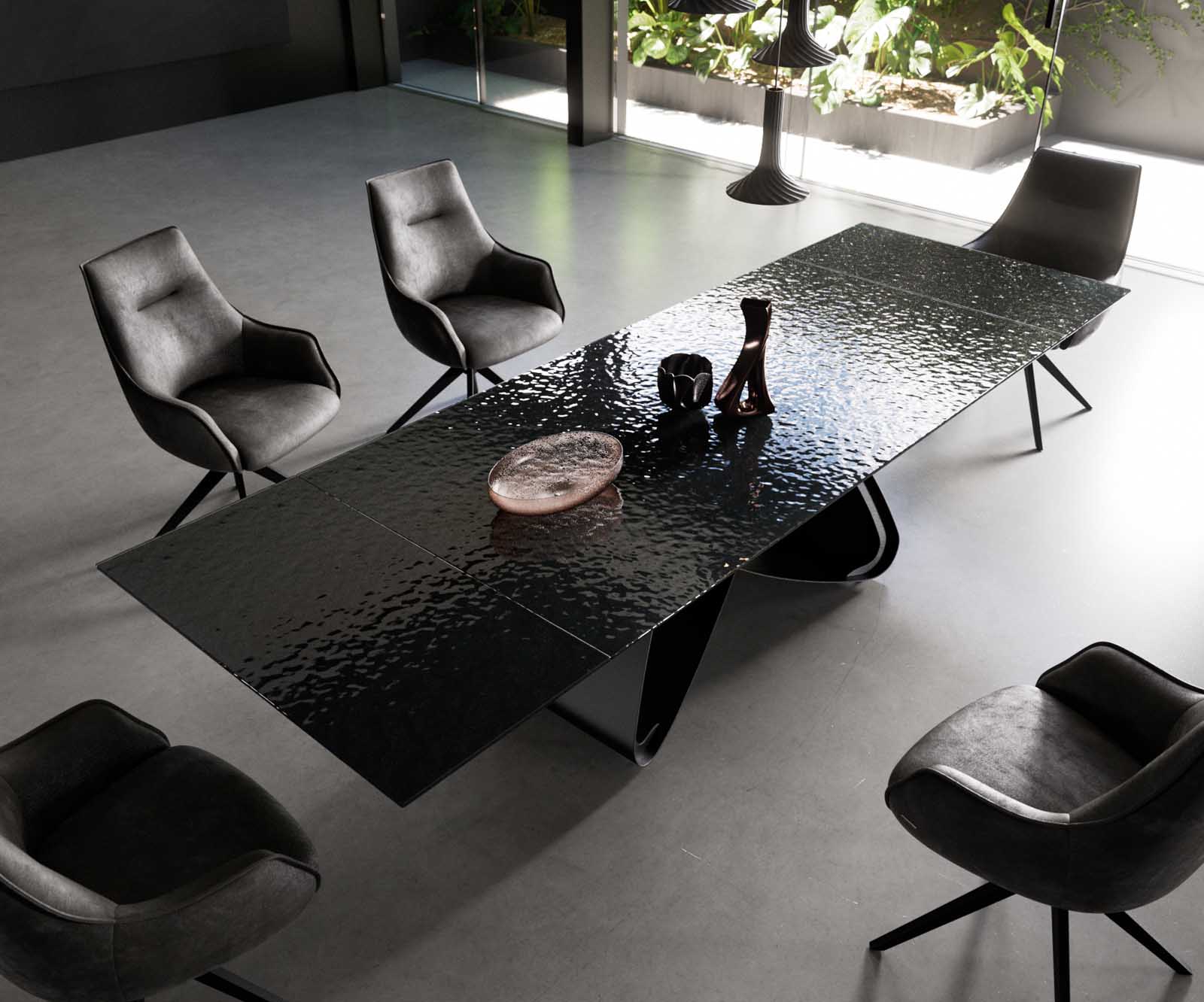 Esstisch Edge 200-300x100 Reliefglas Rauchschwarz 3D-Design W-Gestell Schwarz ausziehbar 4
