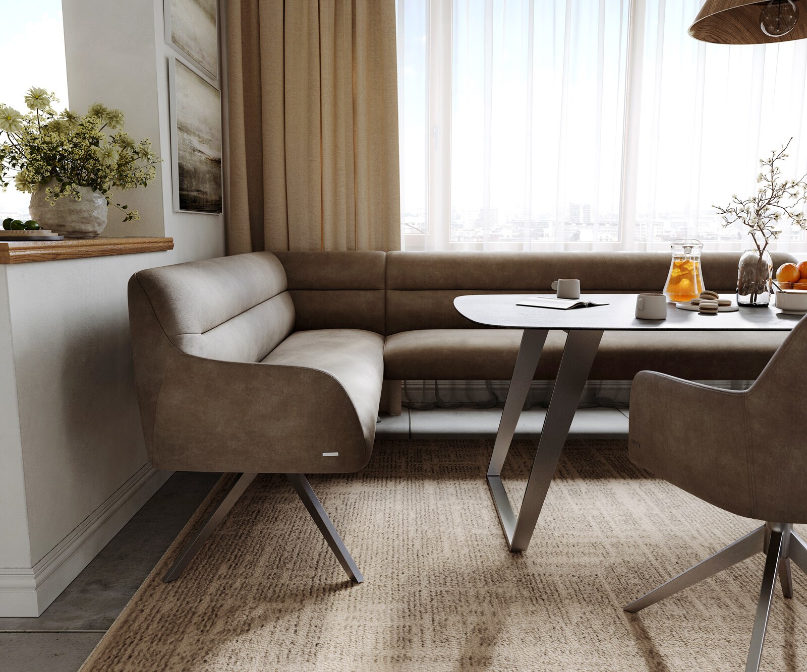 Esszimmerbank Taya-Flex 285x190 cm Mikrofaser Taupe Vintage Kreuzgestell kantig Graphit Taschenfederkern Rechts 5