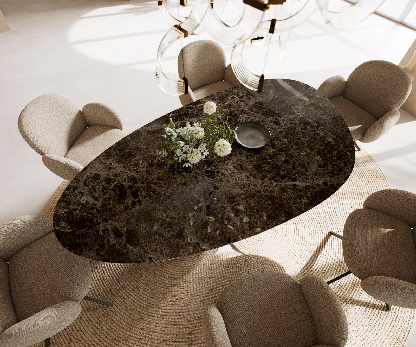 Esstisch Edge Oval 220x120 Keramik Emperador Extra Lucidato Dunkelbraun W-Gestell Metall Effektfinish Titan 1