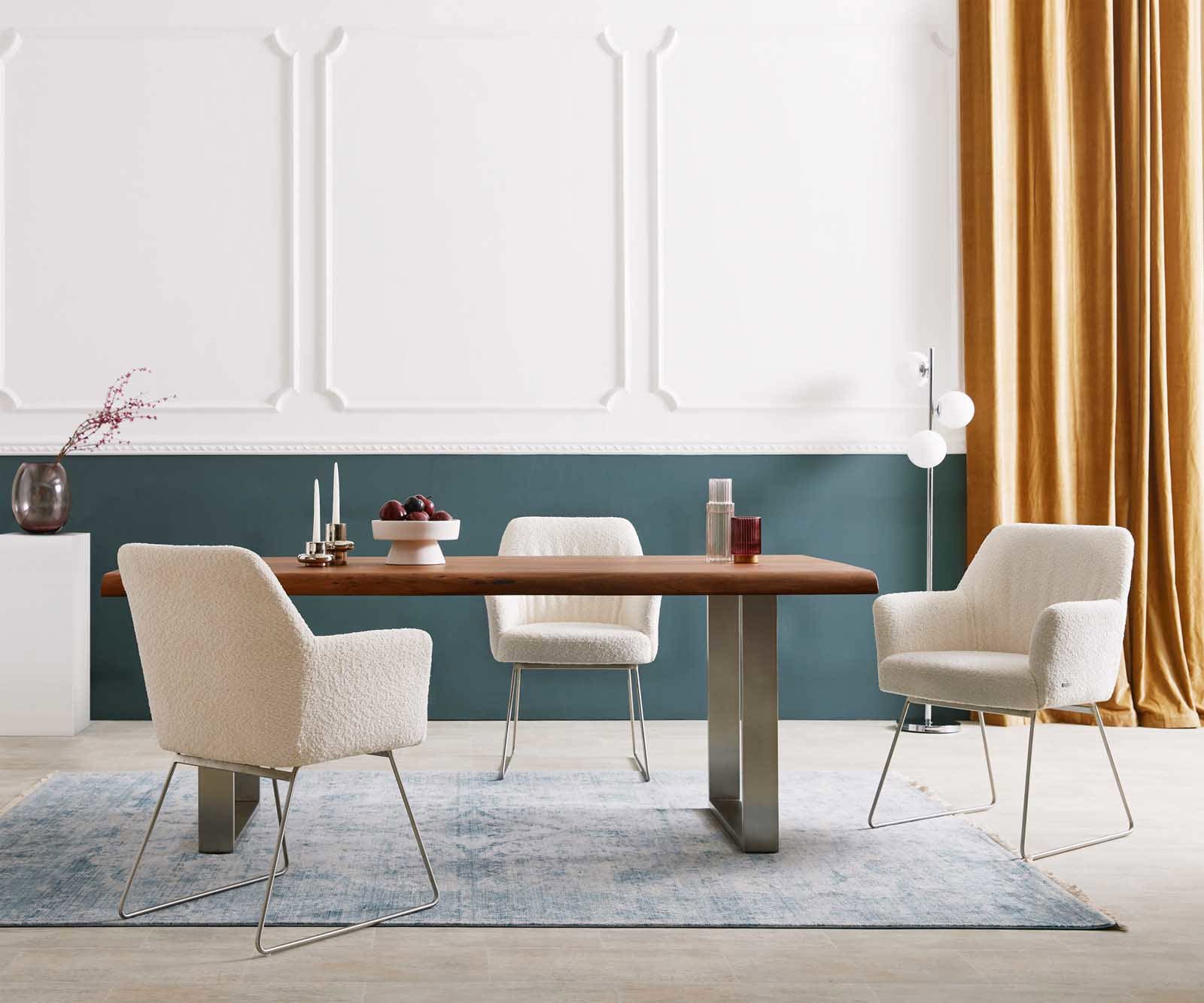 Esszimmerstuhl Xana-Flex mit Armlehnen Bouclé Weiß Kufengestell Edelstahl Taschenfederkern 5 Esszimmerstuhl Xana-Flex mit Armlehnen Bouclé Weiß Kufengestell Edelstahl Taschenfederkern 5