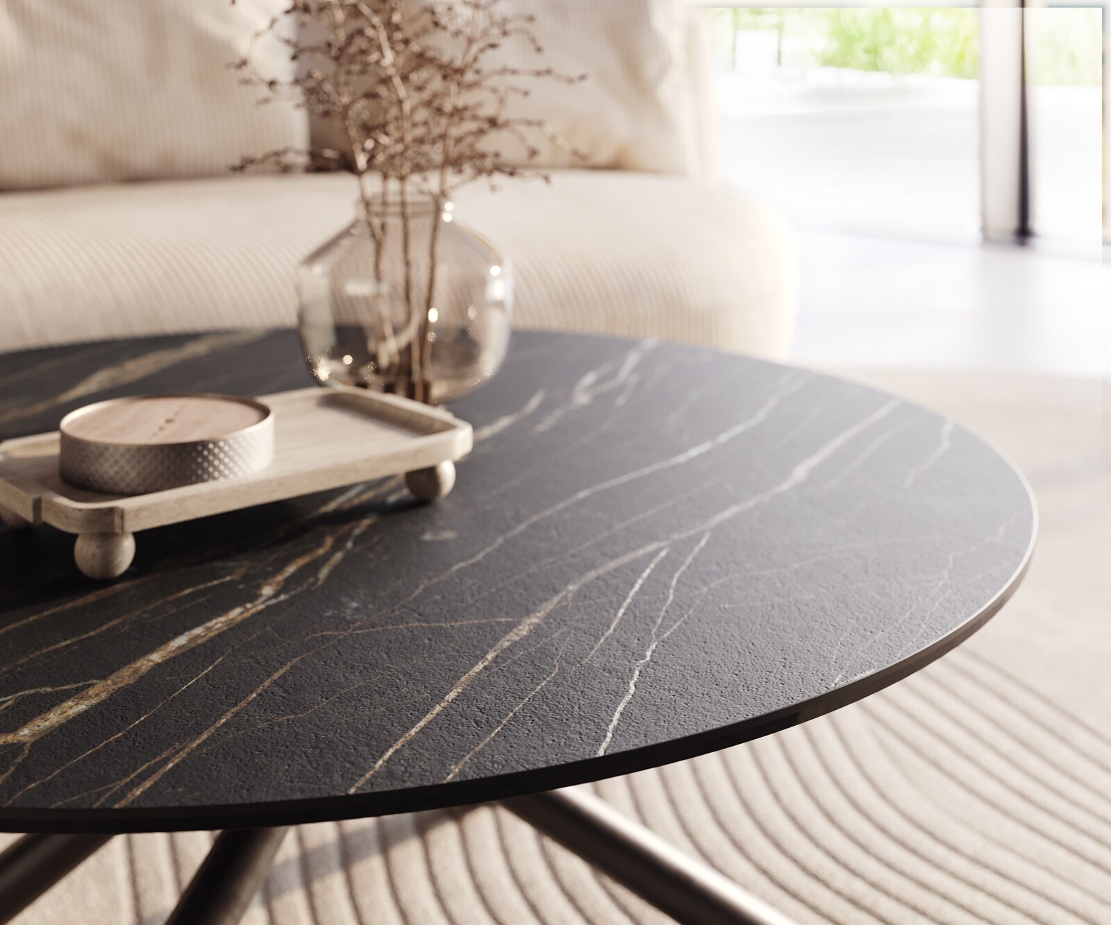 Wohnzimmertisch Edge Rund 100x100 cm Keramik Laminam® Noir Desir Braun Sarity Metall Schwarz