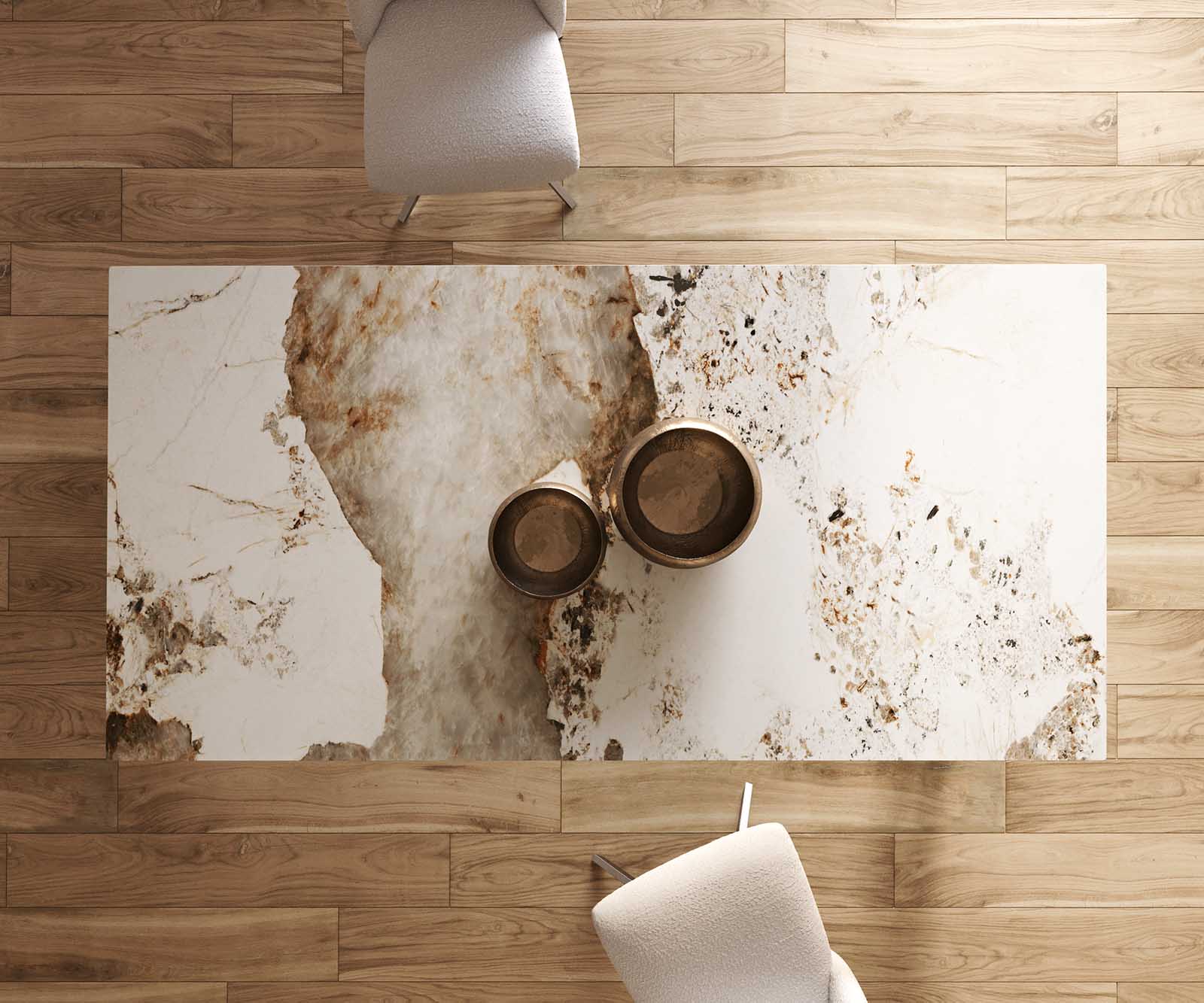 Esstisch Edge 200x100 Keramik Minas Melange Weiß-Beige Edelstahl Schräg 6