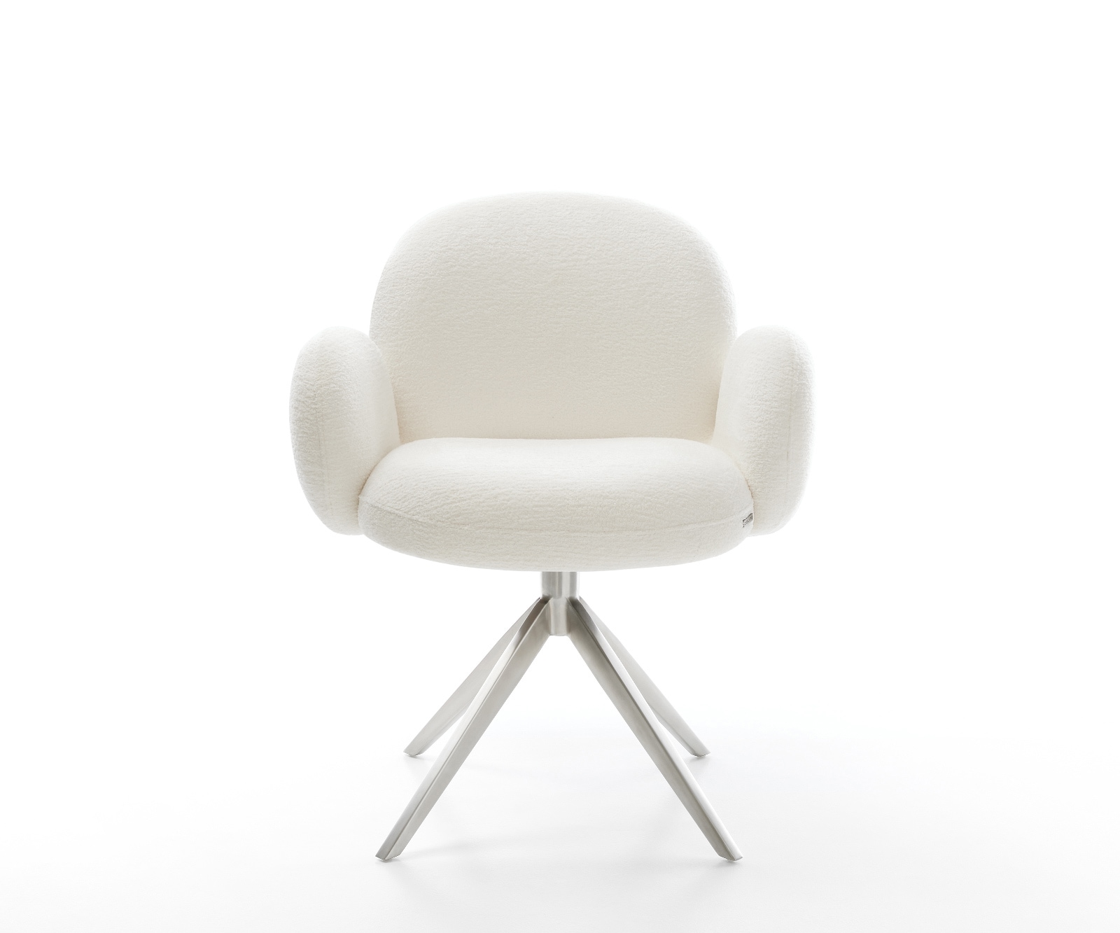 Drehstuhl Nube-Flex mit Armlehnen Bouclé Soft Beige Kreuzgestell breit Edelstahl 360° drehbar Wippfunktion Taschenfederkern 1