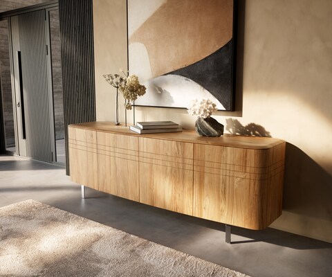 Sideboard Nagaru 200 cm Akazie Aura 4 Türen L-Fuß Edelstahl