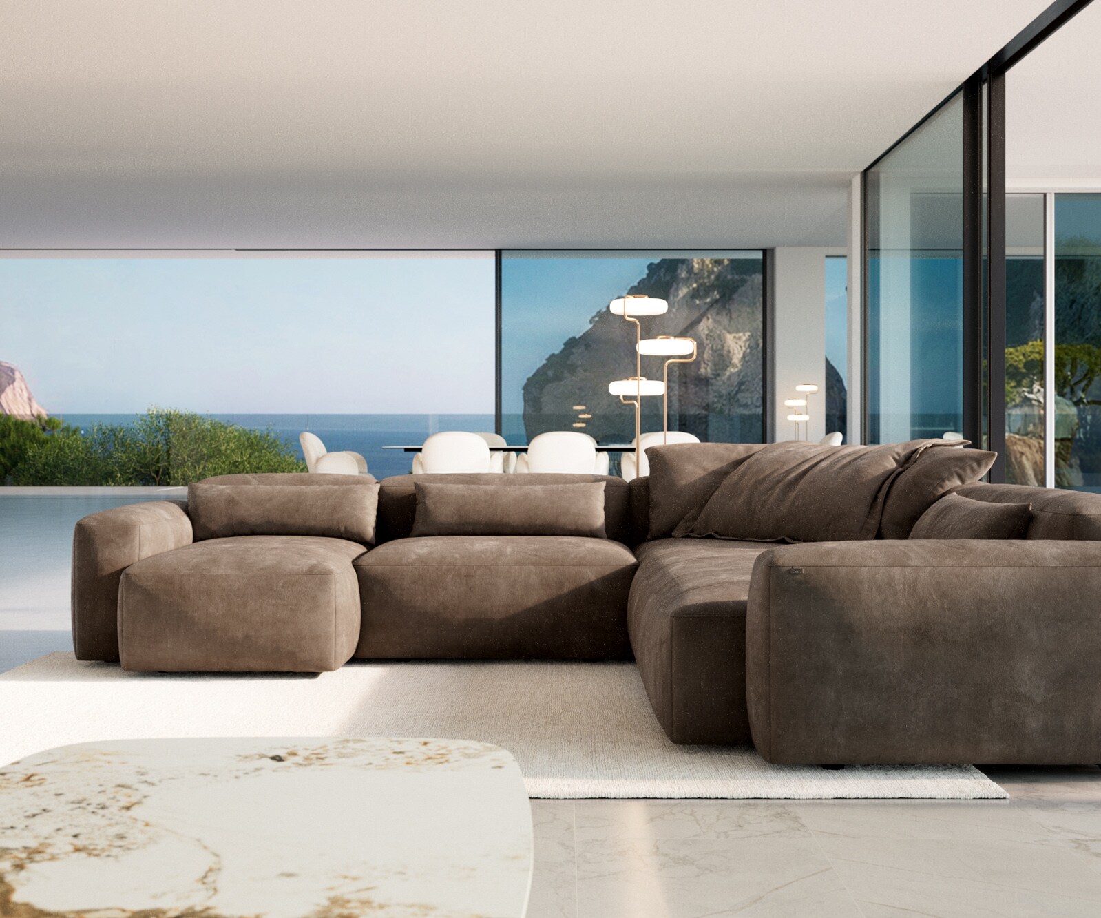 Wohnlandschaft Freestyle 360x290 cm Mikrofaser Taupe Vintage Kappnaht 1