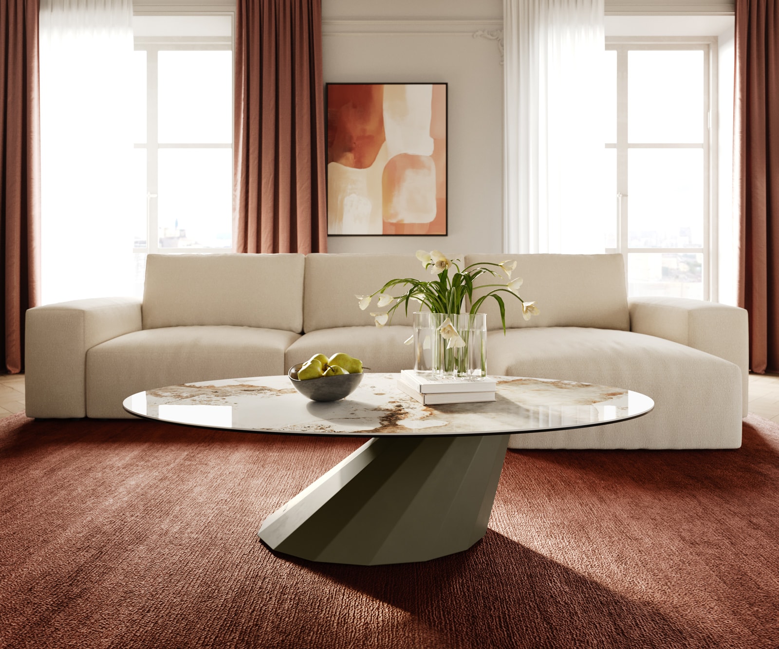 Couchtisch Edge Oval 140x80 cm Keramik Minas Melange Parabi Metall Effektfinish Titan 1
