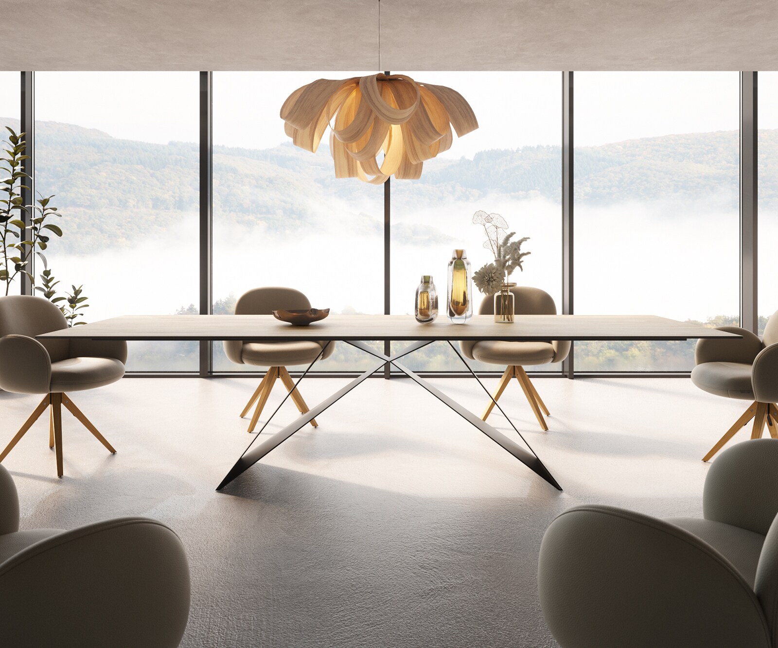 Esstisch Edge 300x100 Keramik Laminam® Sabbia Eichefarbig V-Gestell Flachstahl Schwarz 1