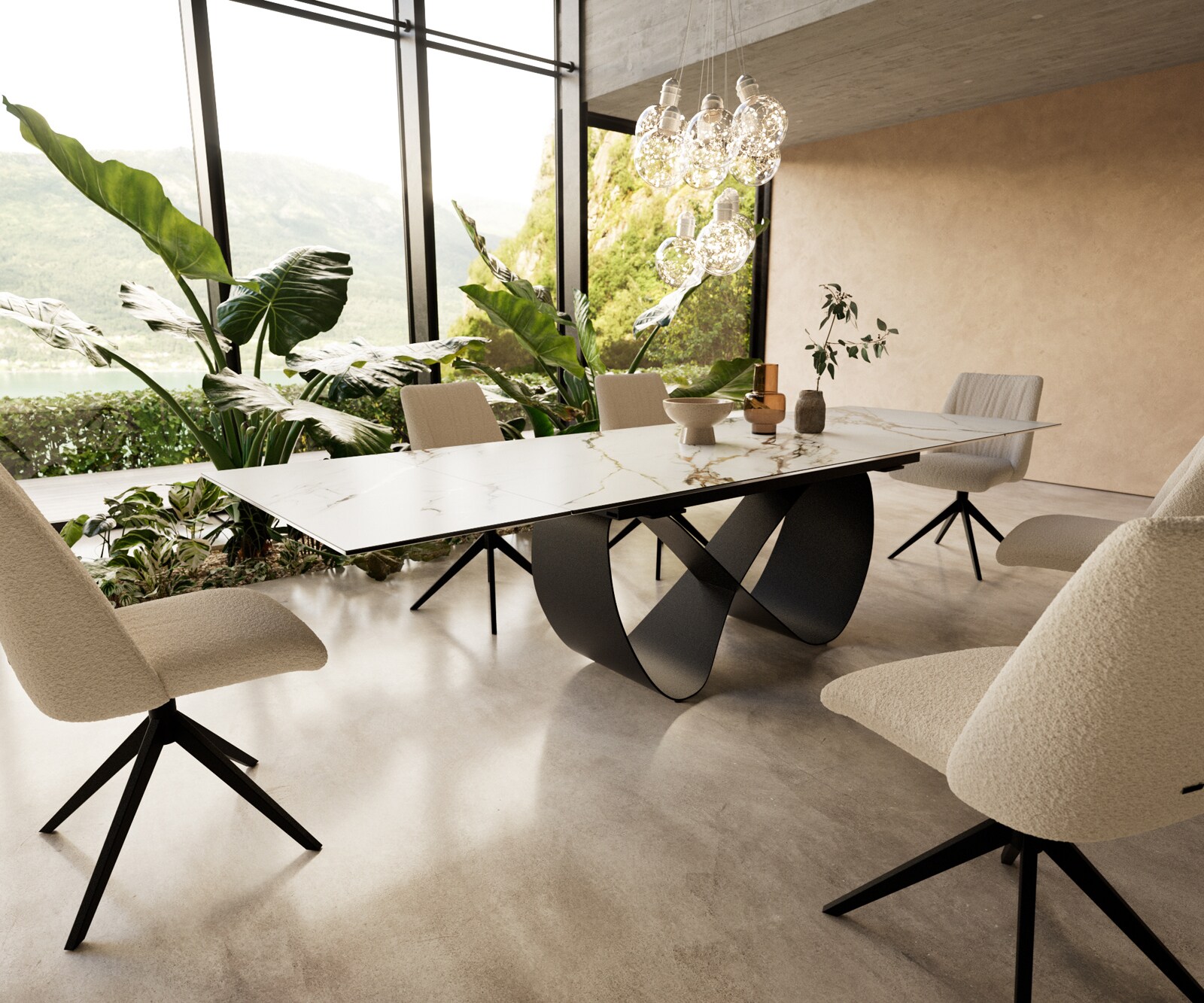 Esstisch Edge 200-300x100 cm Keramik Calacatta Luxe Weiß-Gold-Grau Infinity Metall Schwarz ausziehbar