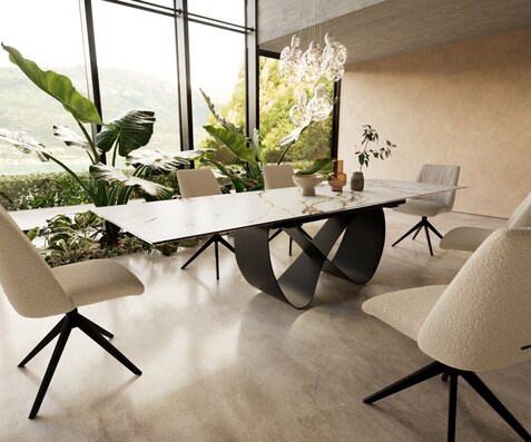 Esstisch Edge 200-300x100 cm Keramik Calacatta Luxe Weiß-Gold-Grau Infinity Metall Schwarz ausziehbar